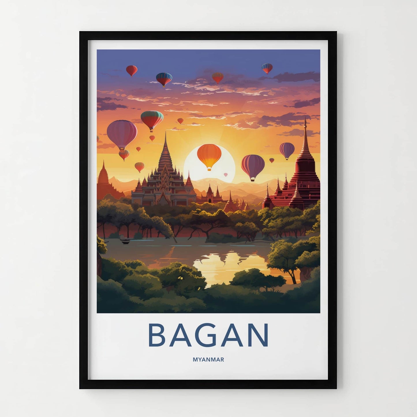 Bagan Poster - Myanmar Travel Art - Temples Balloon Sunset Home Decor