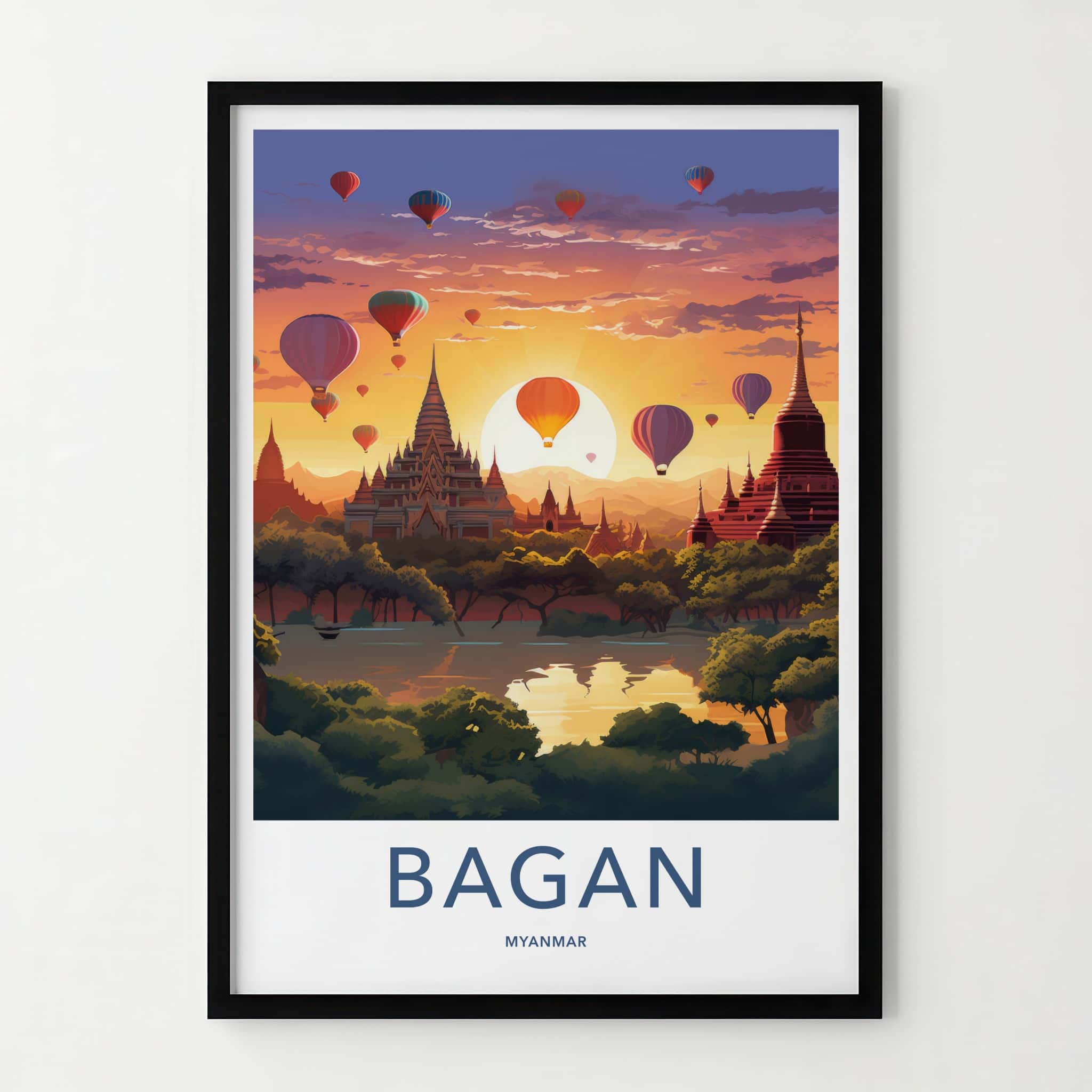 Bagan Poster - Myanmar Travel Art - Temples Balloon Sunset Home Decor