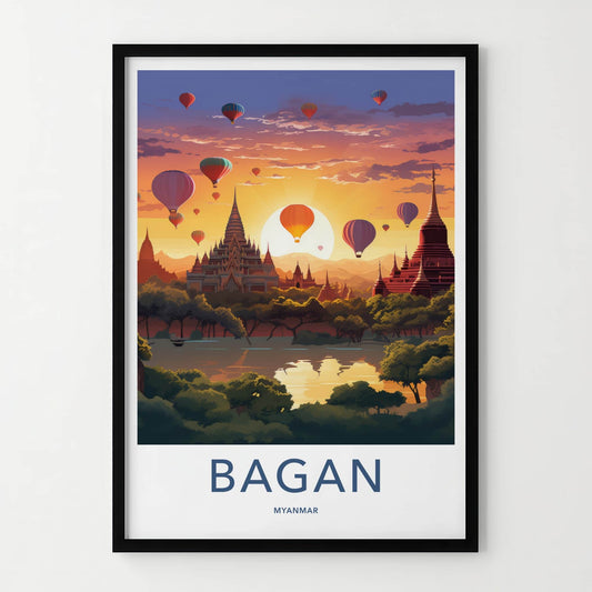 Bagan Poster - Myanmar Travel Art - Temples Balloon Sunset Home Decor