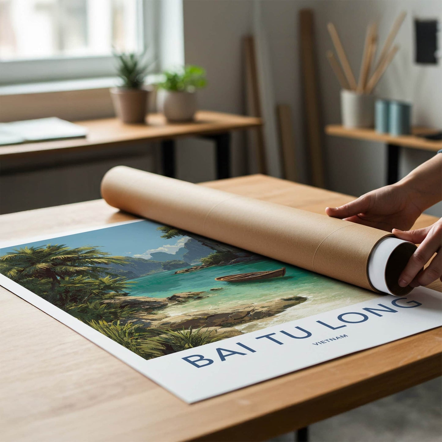Bai Tu Long Poster - Vietnam Travel Art - Wooden Boat Scene Home Decor