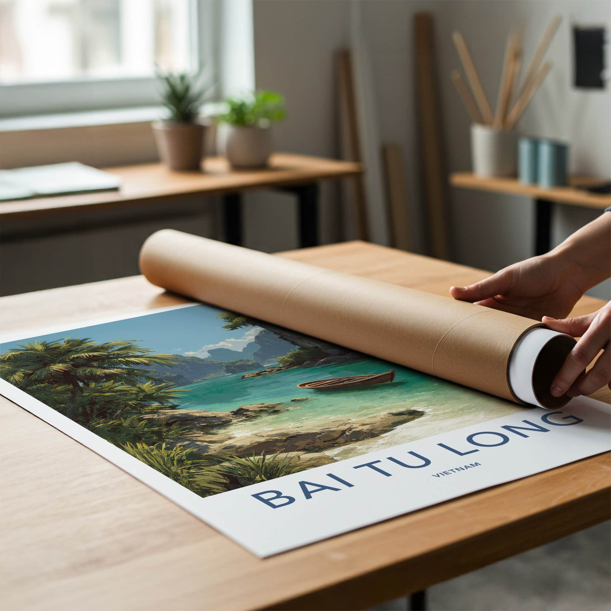 Bai Tu Long Poster - Vietnam Travel Art - Wooden Boat Scene Home Decor