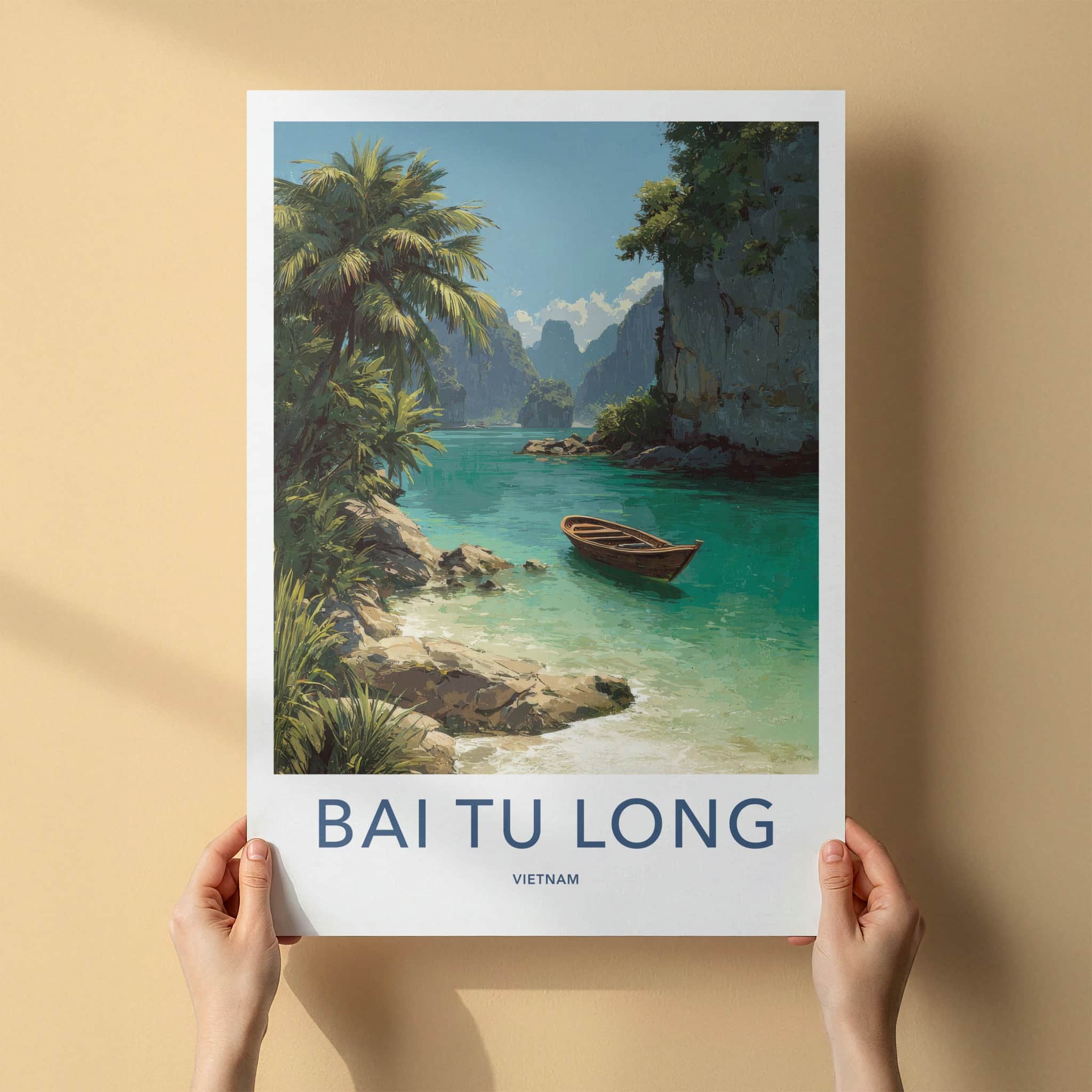 Bai Tu Long Poster - Vietnam Travel Art - Wooden Boat Scene Home Decor