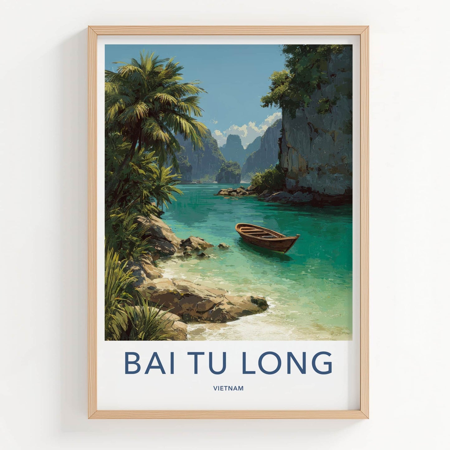 Bai Tu Long Poster - Vietnam Travel Art - Wooden Boat Scene Home Decor