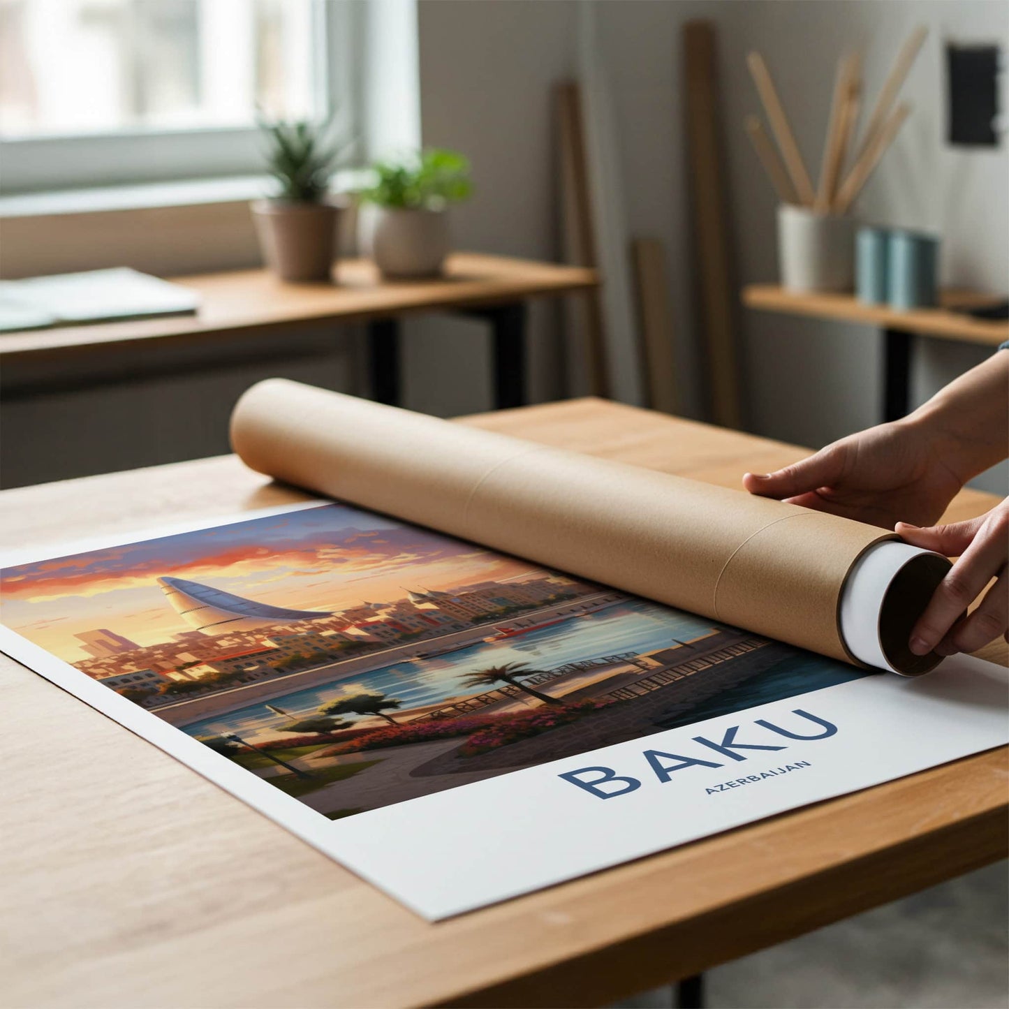 Baku Poster - Azerbaijan Framed Print - Modern Skyscraper River View Lounge Decor