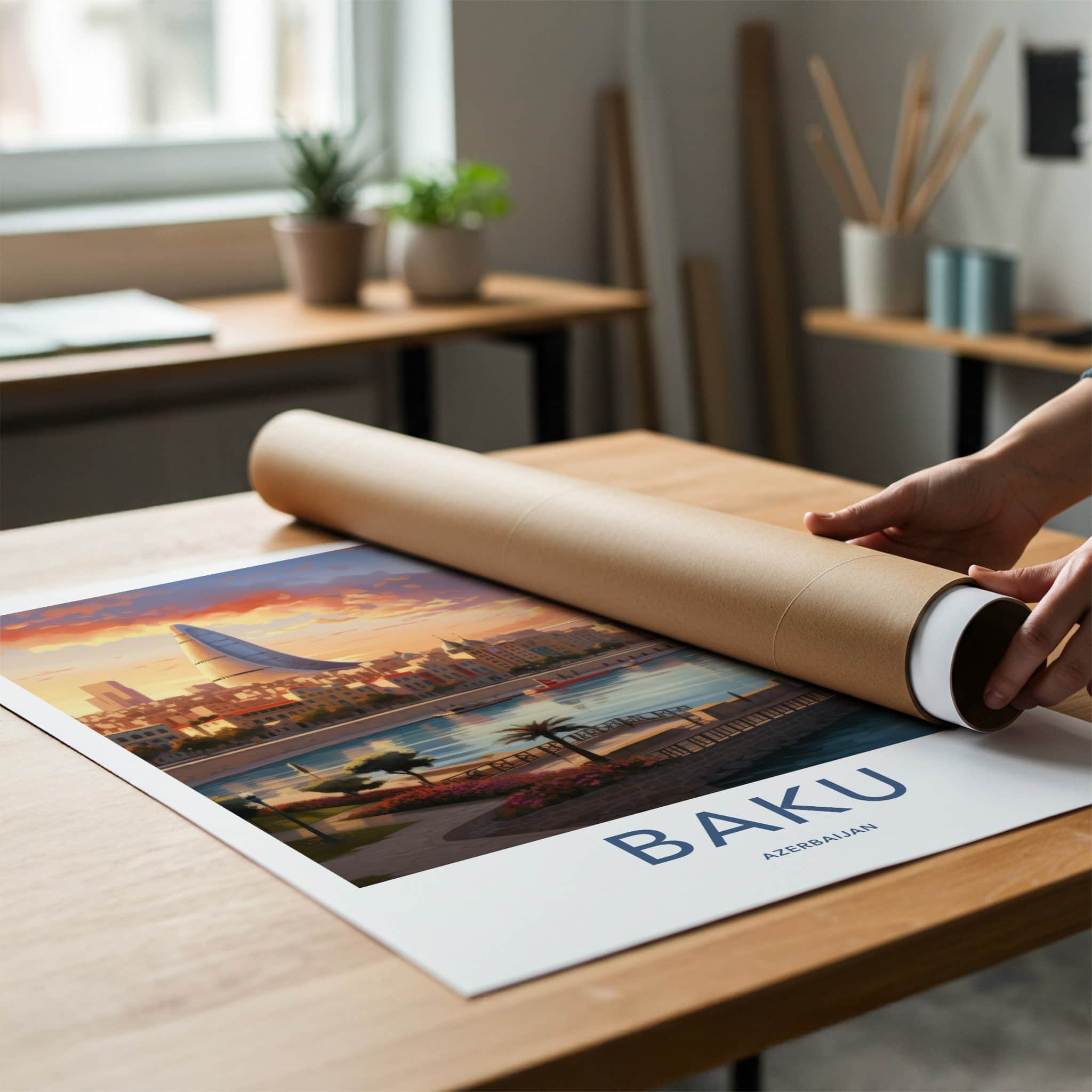 Baku Poster - Azerbaijan Framed Print - Modern Skyscraper River View Lounge Decor