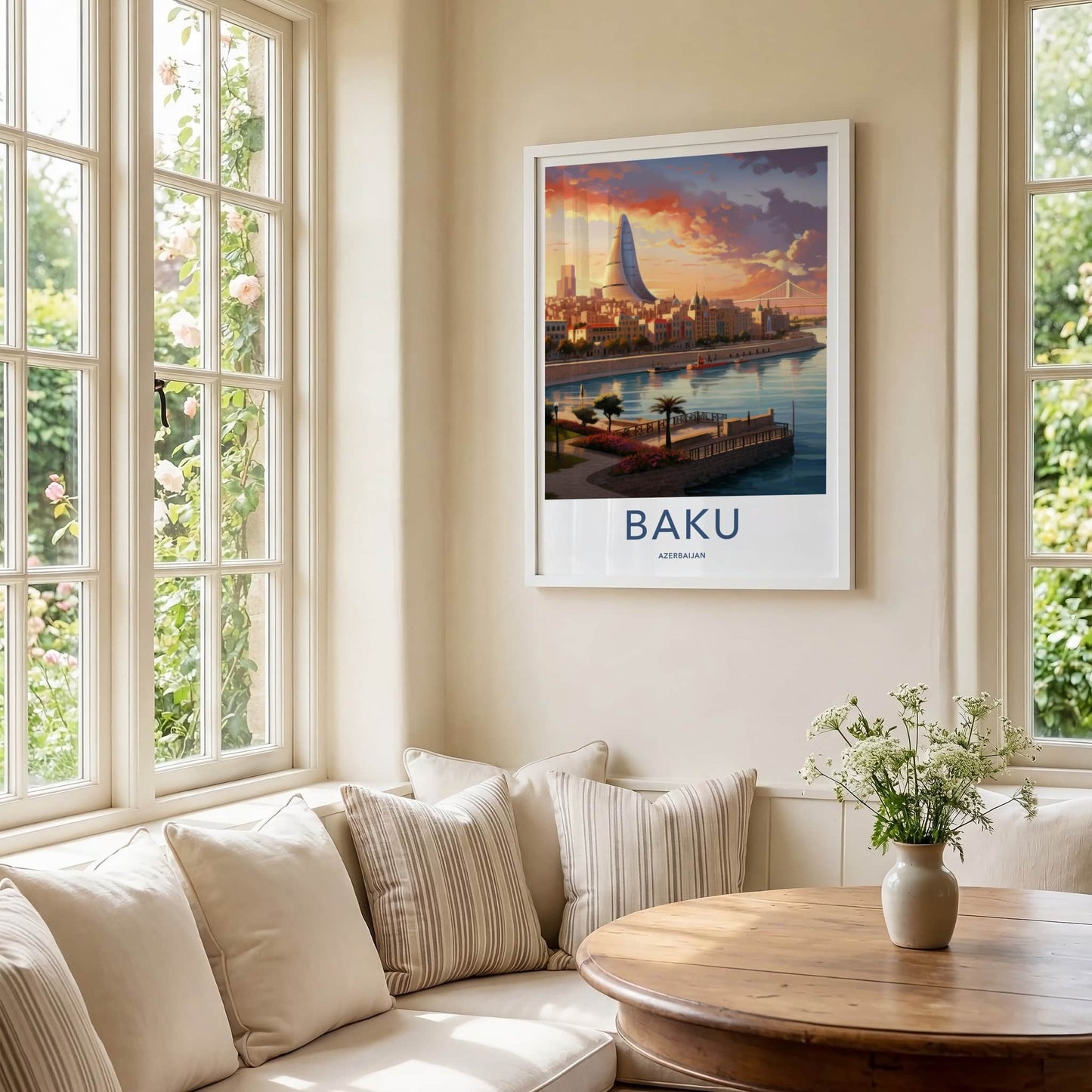Baku Poster - Azerbaijan Framed Print - Modern Skyscraper River View Lounge Decor
