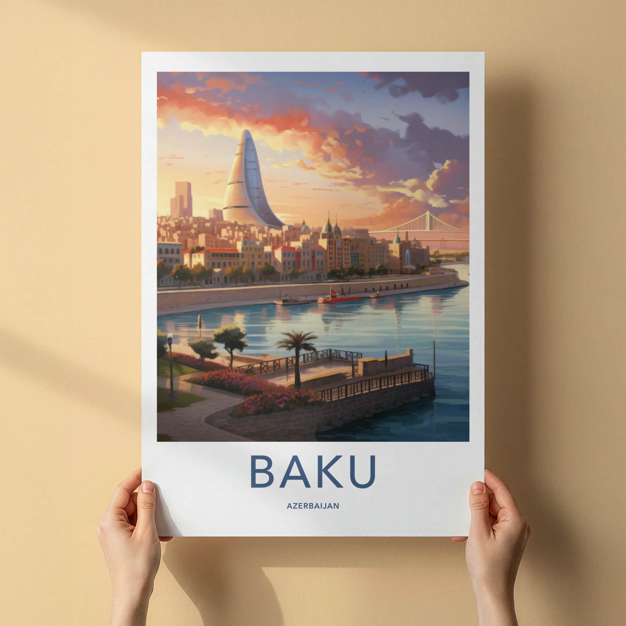Baku Poster - Azerbaijan Framed Print - Modern Skyscraper River View Lounge Decor