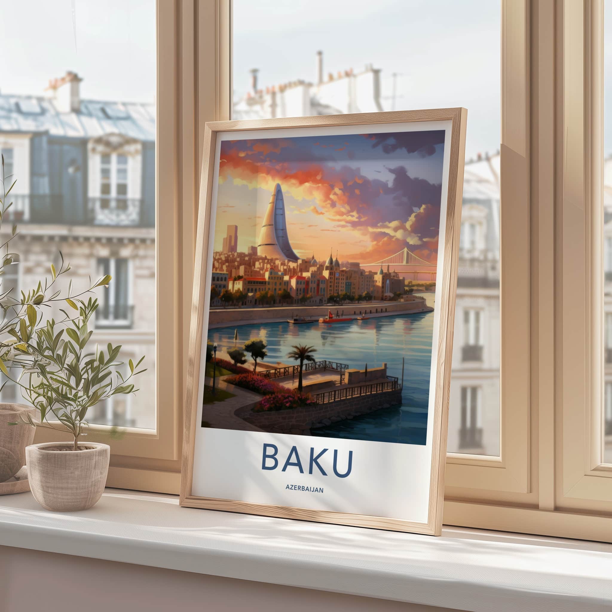 Baku Poster - Azerbaijan Framed Print - Modern Skyscraper River View Lounge Decor