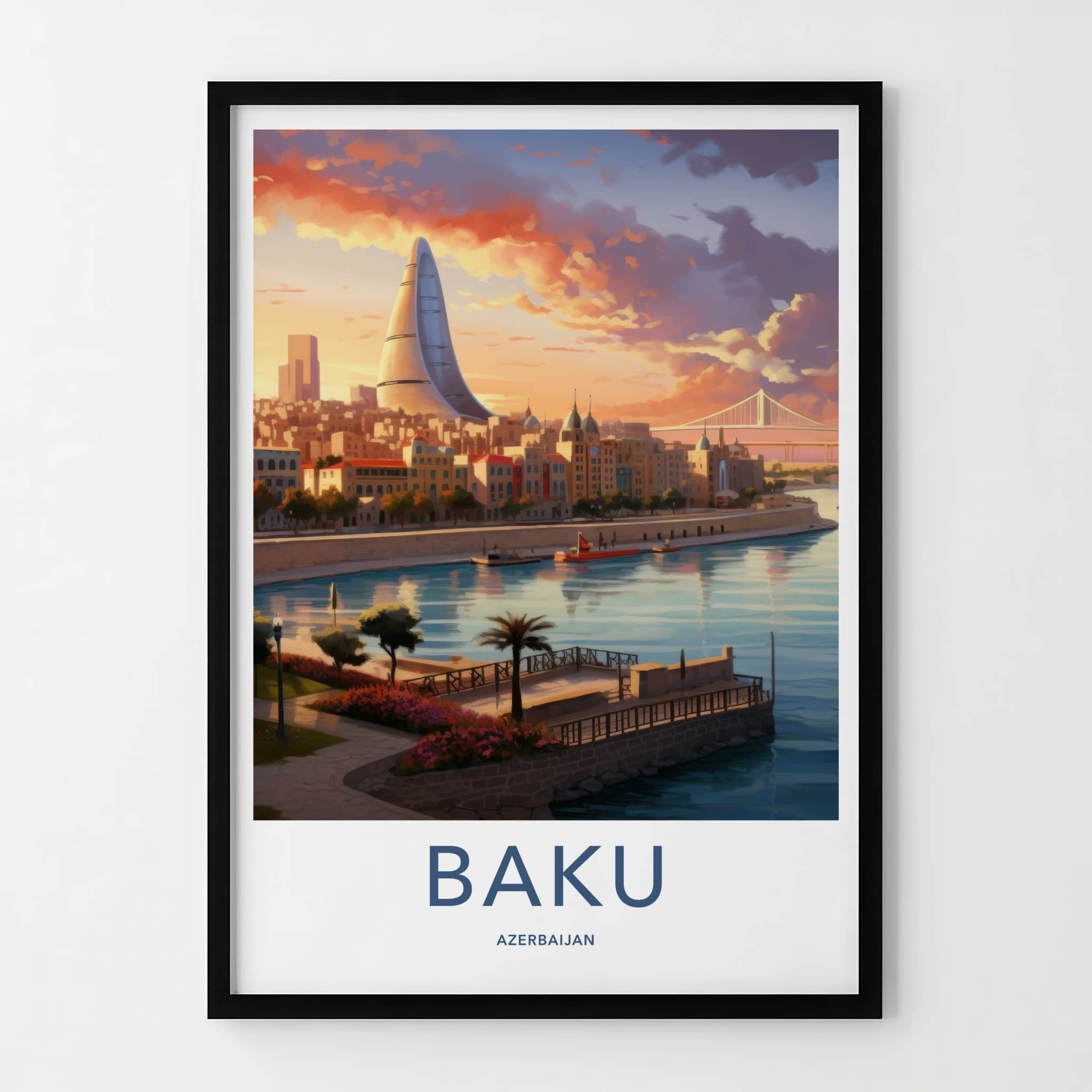 Baku Poster - Azerbaijan Framed Print - Modern Skyscraper River View Lounge Decor