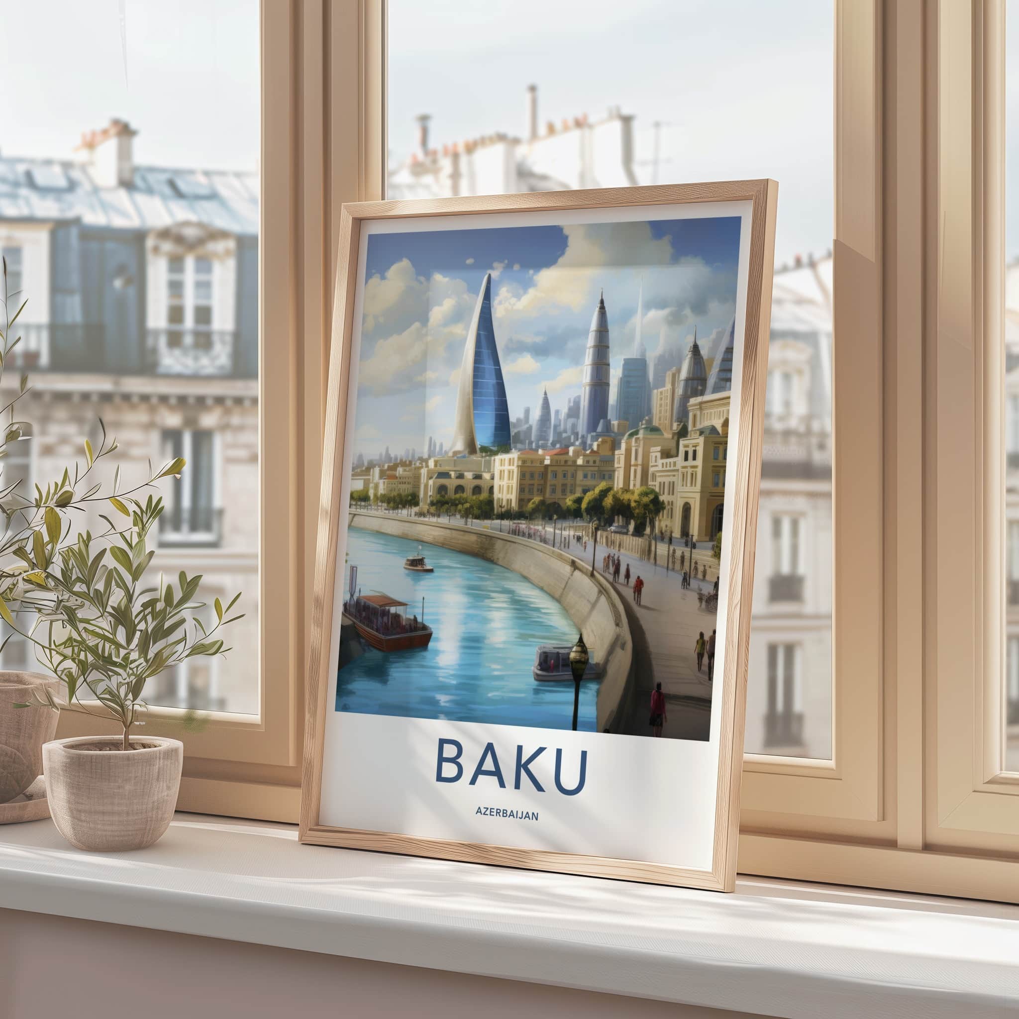 Baku Poster - Azerbaijan Travel Art - Futuristic City River Home Decor