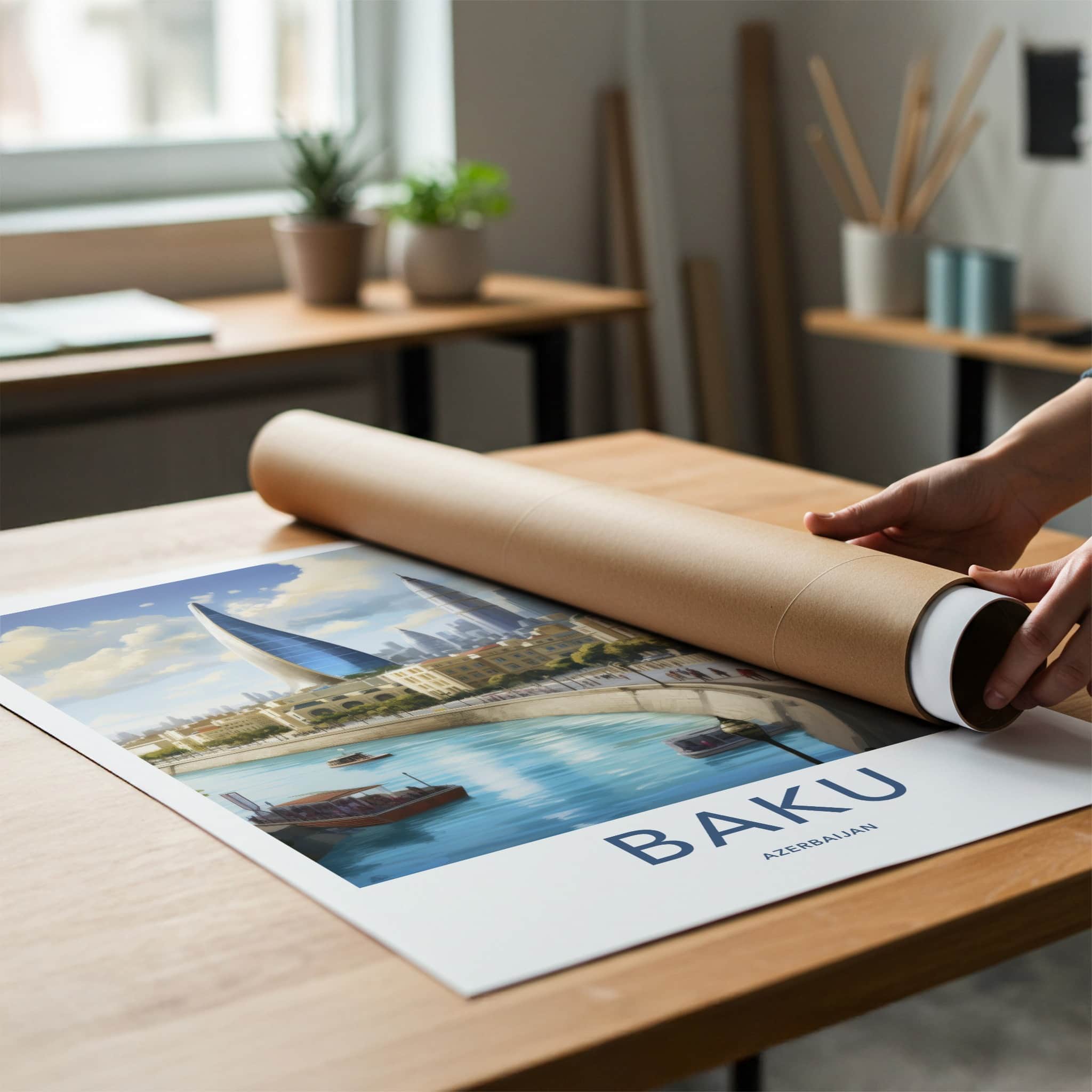 Baku Poster - Azerbaijan Travel Art - Futuristic City River Home Decor