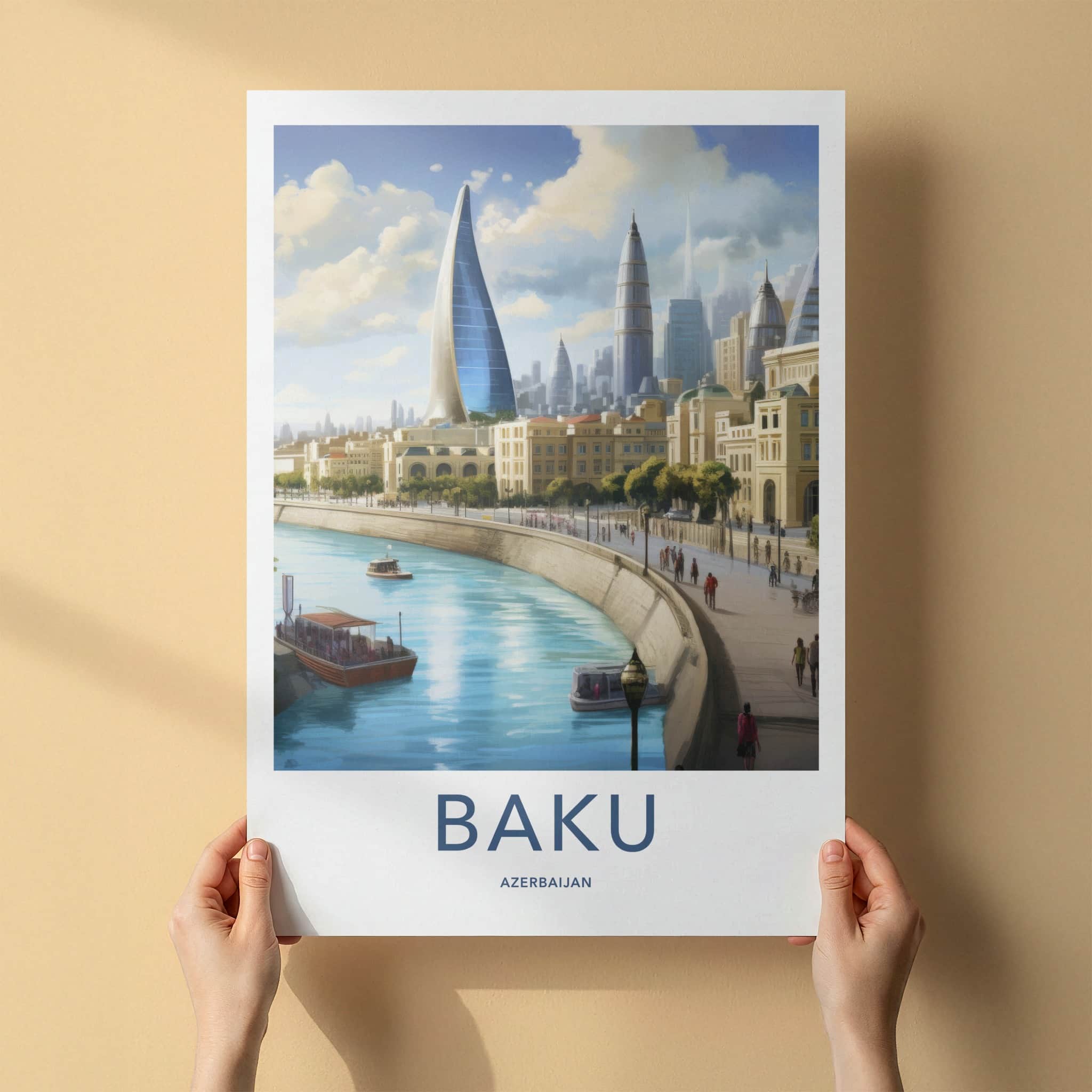 Baku Poster - Azerbaijan Travel Art - Futuristic City River Home Decor