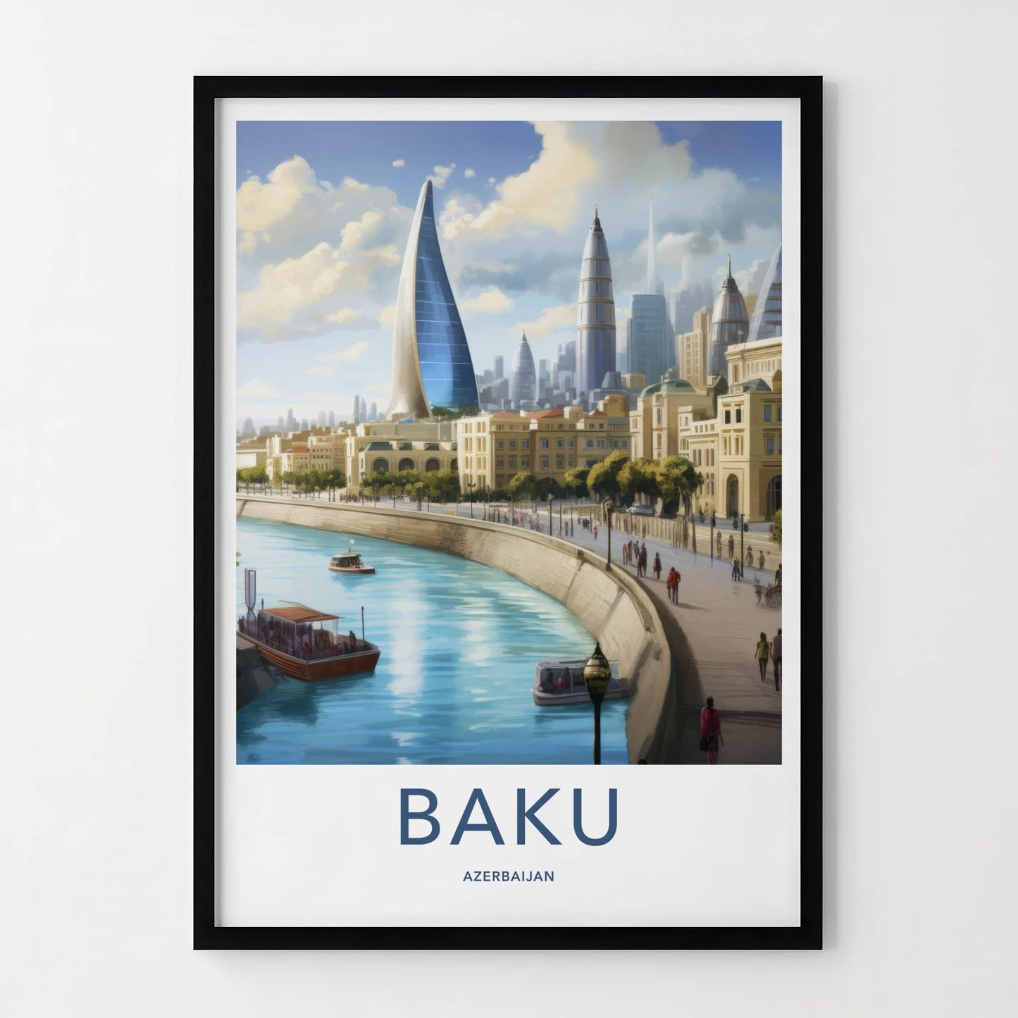Baku Poster - Azerbaijan Travel Art - Futuristic City River Home Decor
