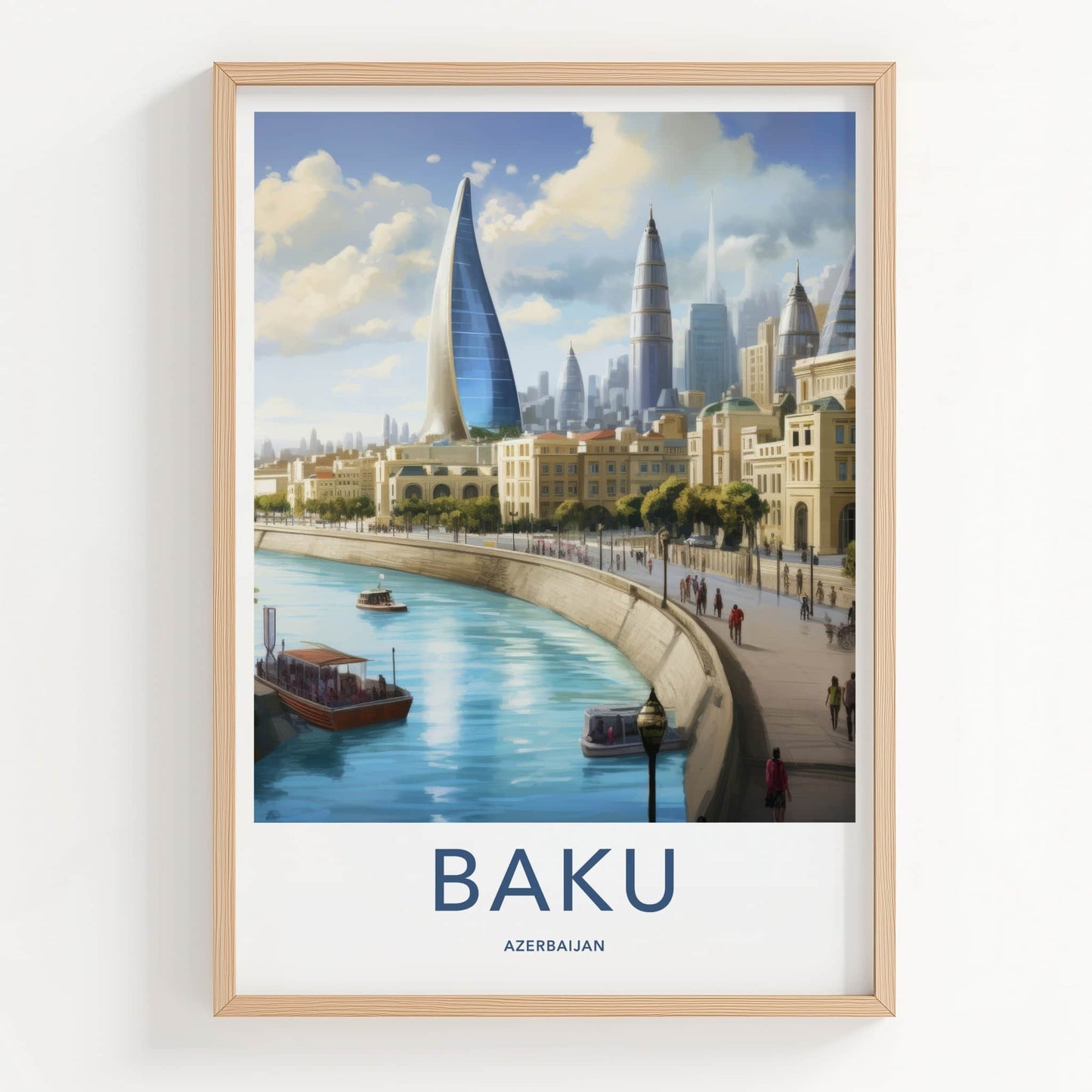 Baku Poster - Azerbaijan Travel Art - Futuristic City River Home Decor