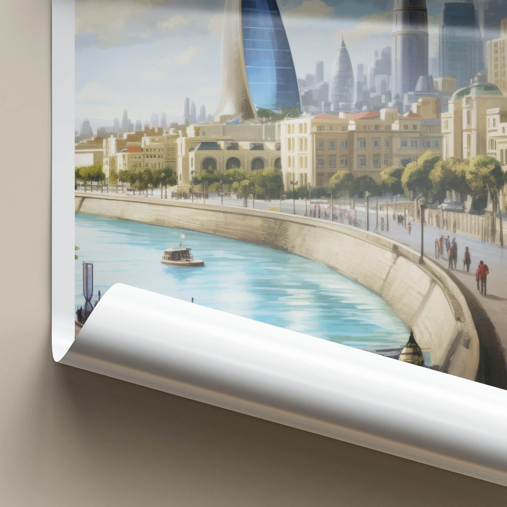 Baku Poster - Azerbaijan Travel Art - Futuristic City River Home Decor