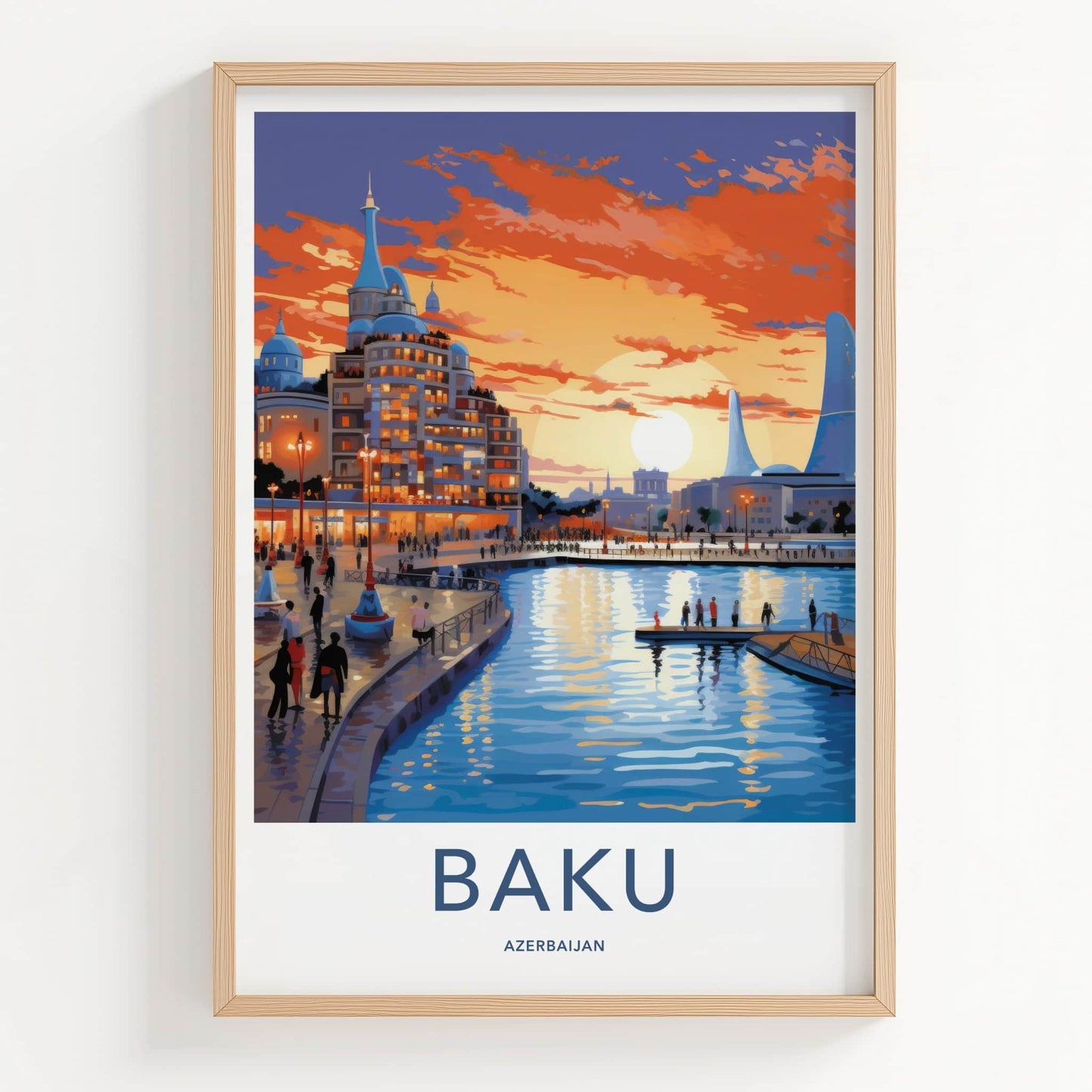 Baku Poster - Azerbaijan Travel Art - Vibrant City Sunset Home Decor