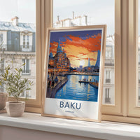 Baku Poster - Azerbaijan Travel Art - Vibrant City Sunset Home Decor