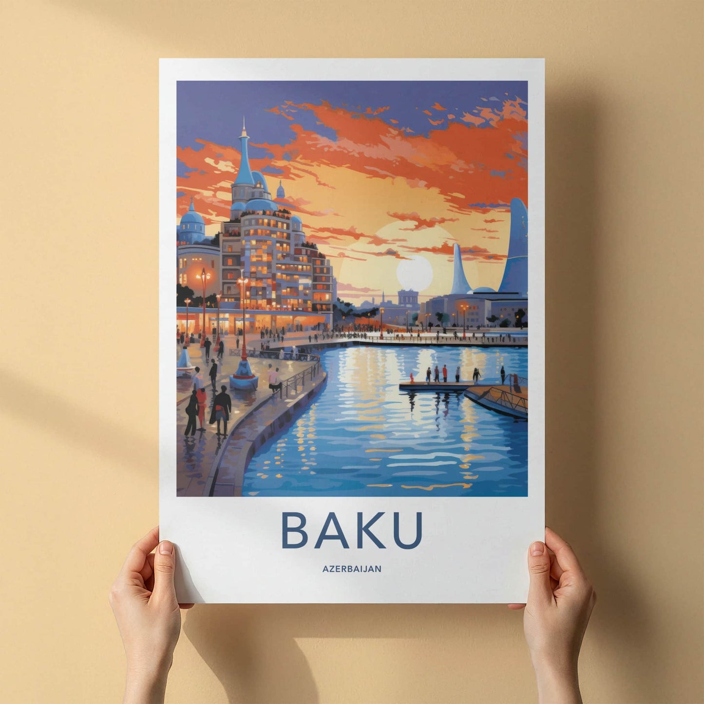 Baku Poster - Azerbaijan Travel Art - Vibrant City Sunset Home Decor