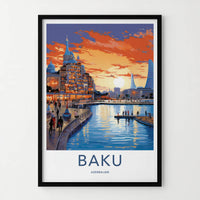 Baku Poster - Azerbaijan Travel Art - Vibrant City Sunset Home Decor