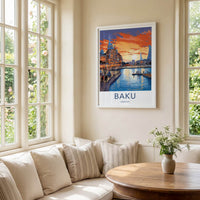 Baku Poster - Azerbaijan Travel Art - Vibrant City Sunset Home Decor