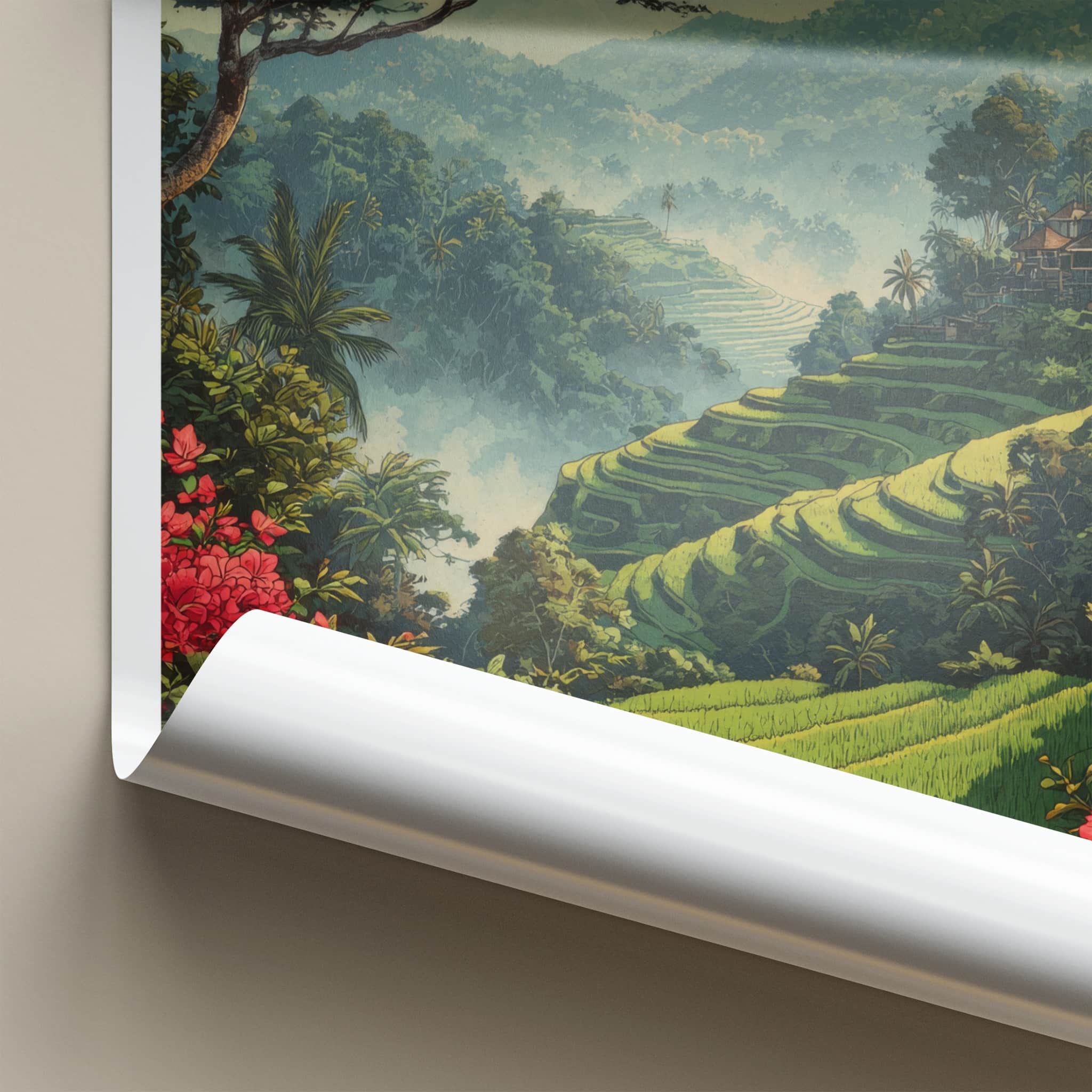 Bali Poster - Indonesia Travel Art - Misty Rice Fields Home Decor