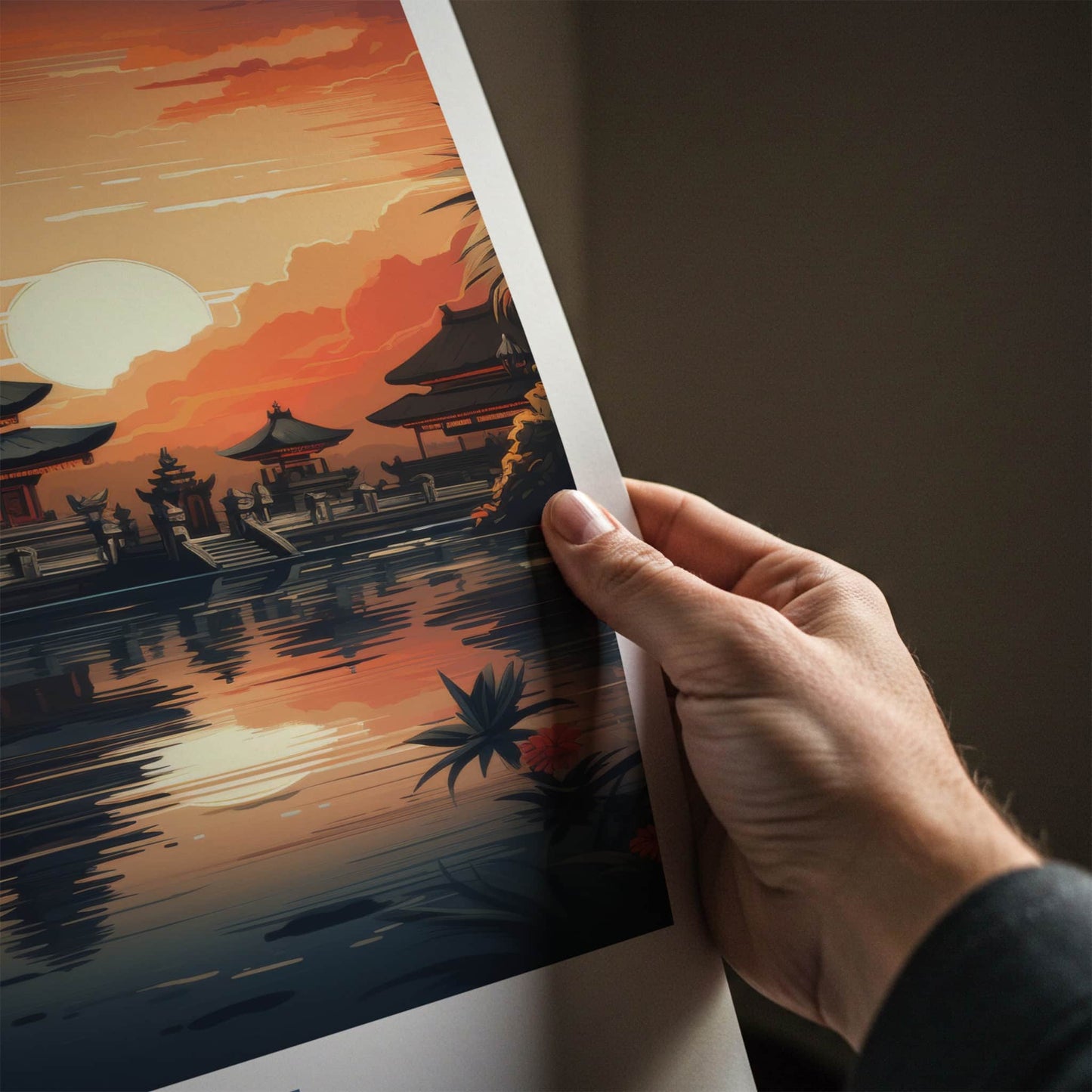 Bali Poster - Indonesia Travel Art - Sunset Temple Reflection Home Decor