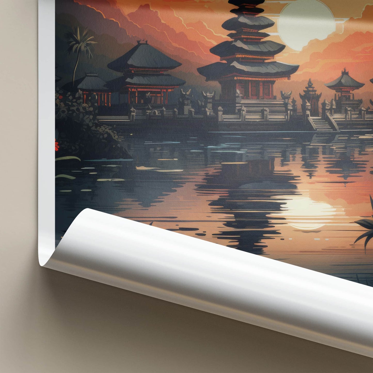 Bali Poster - Indonesia Travel Art - Sunset Temple Reflection Home Decor