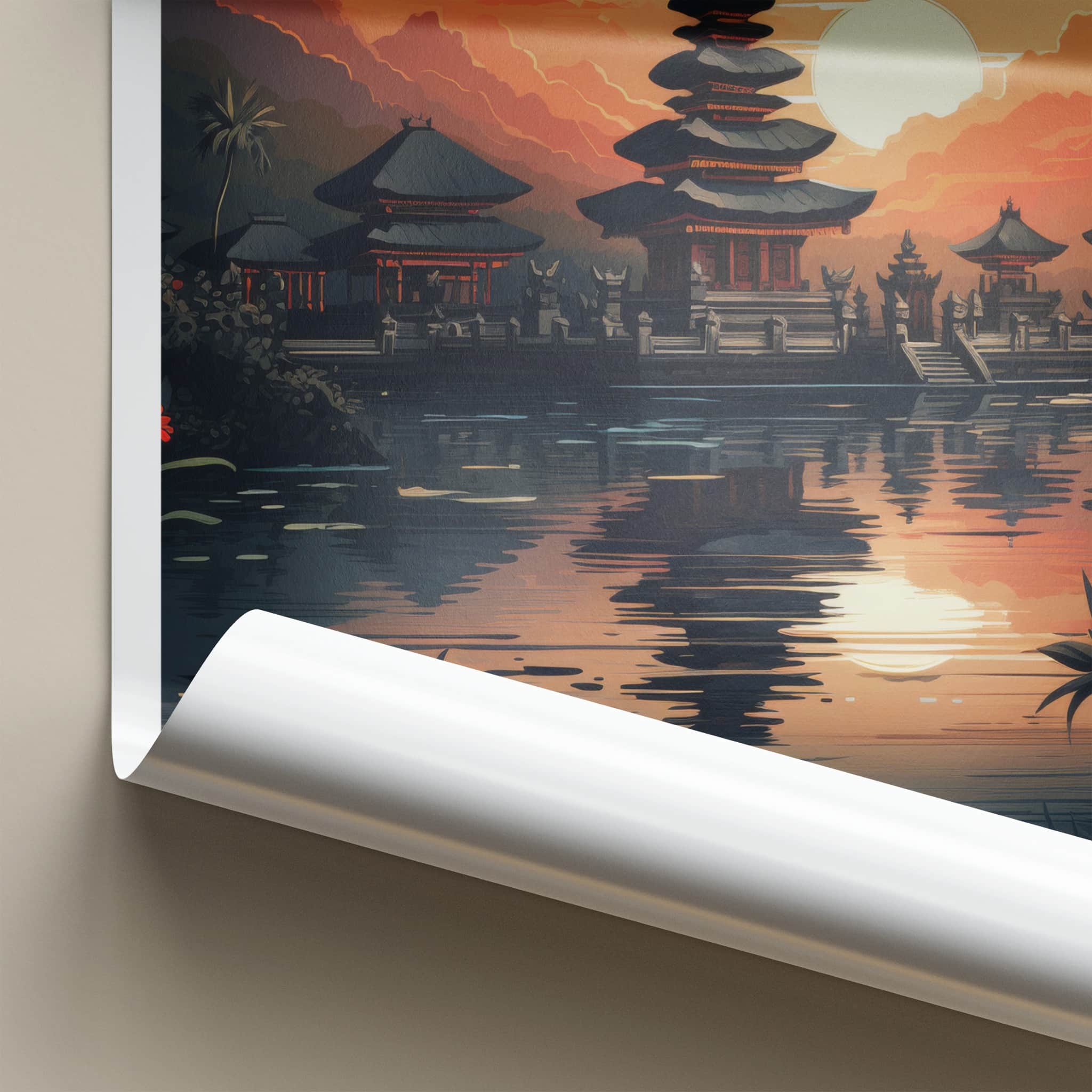 Bali Poster - Indonesia Travel Art - Sunset Temple Reflection Home Decor