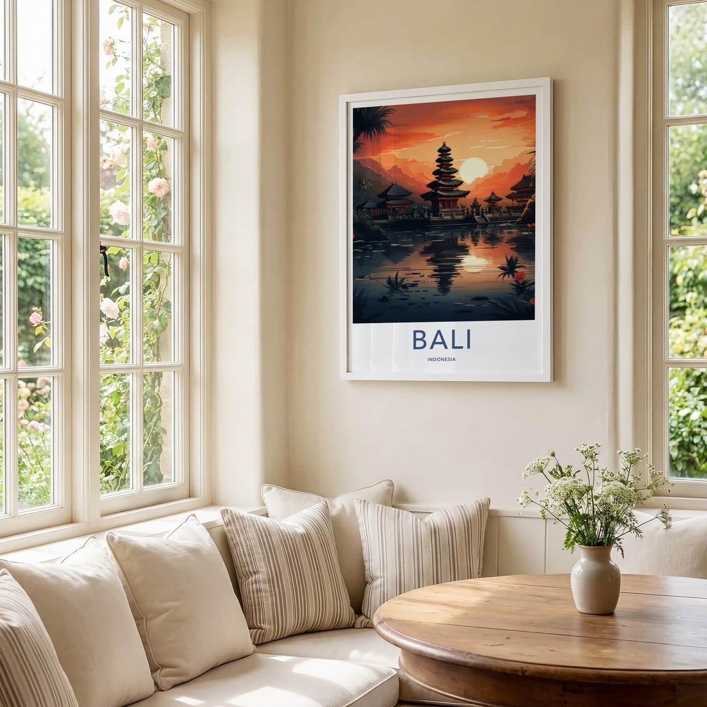 Bali Poster - Indonesia Travel Art - Sunset Temple Reflection Home Decor