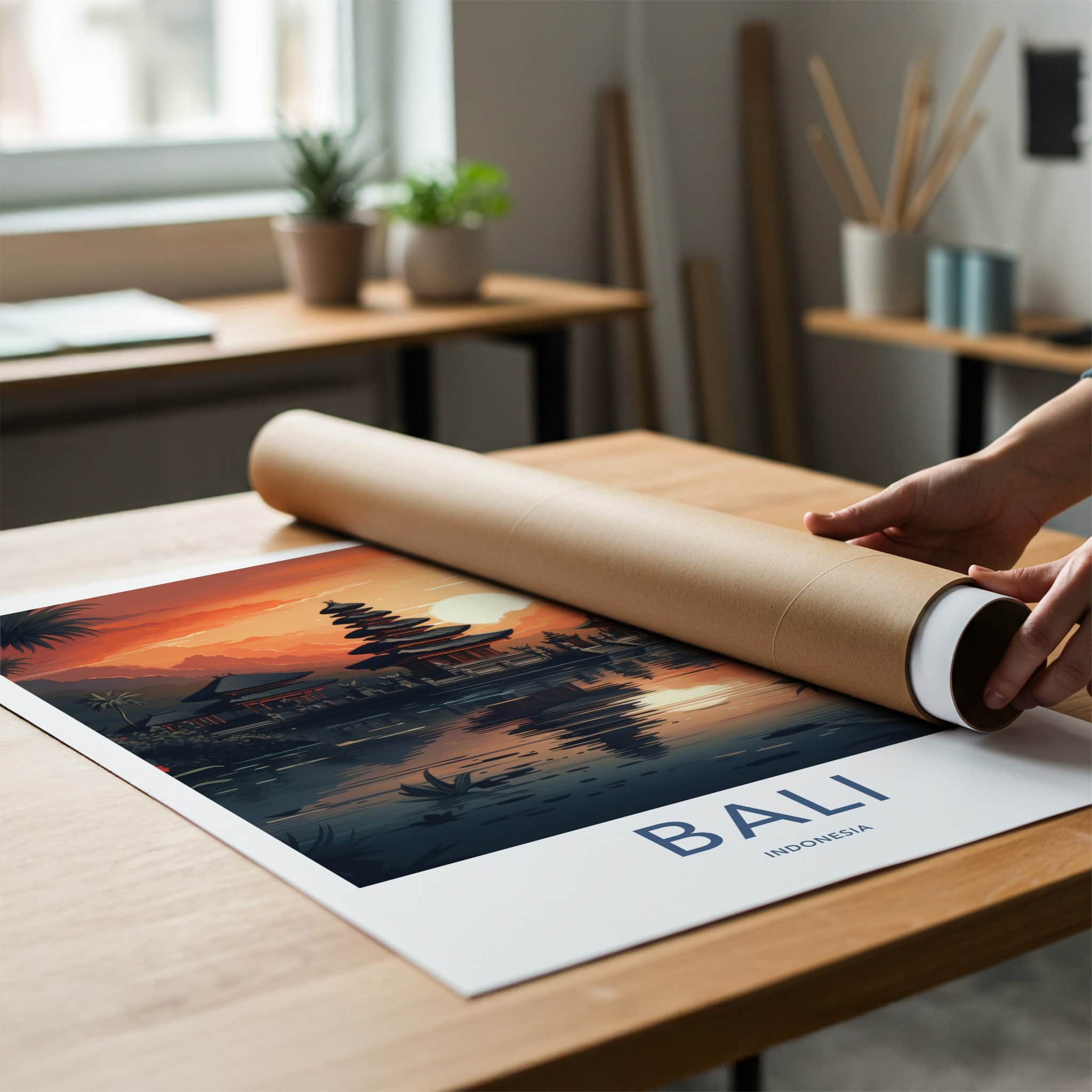 Bali Poster - Indonesia Travel Art - Sunset Temple Reflection Home Decor