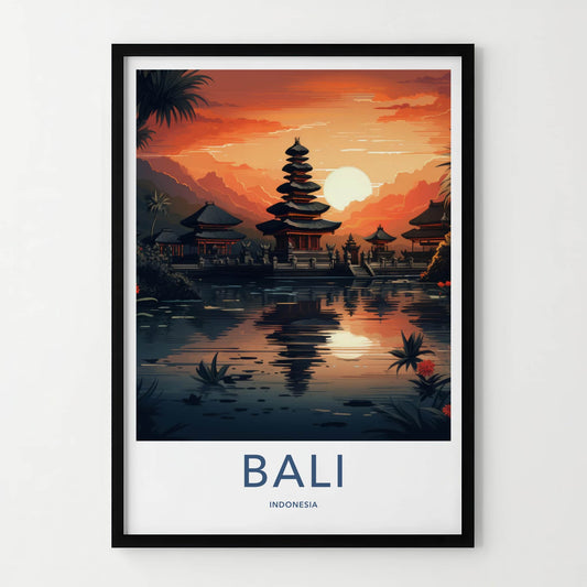 Bali Poster - Indonesia Travel Art - Sunset Temple Reflection Home Decor