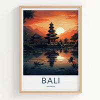 Bali Poster - Indonesia Travel Art - Sunset Temple Reflection Home Decor