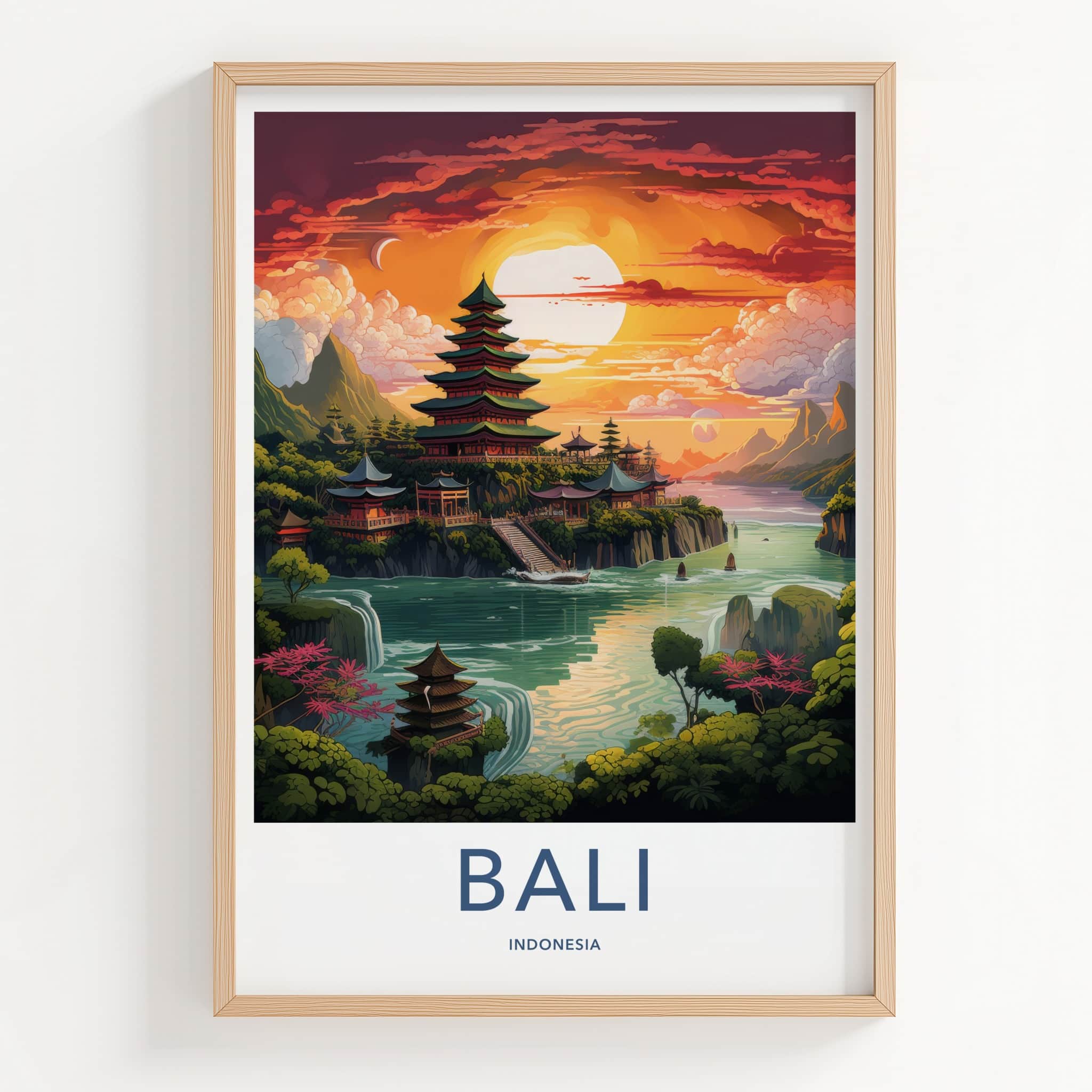 Bali Poster - Indonesia Travel Art - Temple River Sunset Home Decor