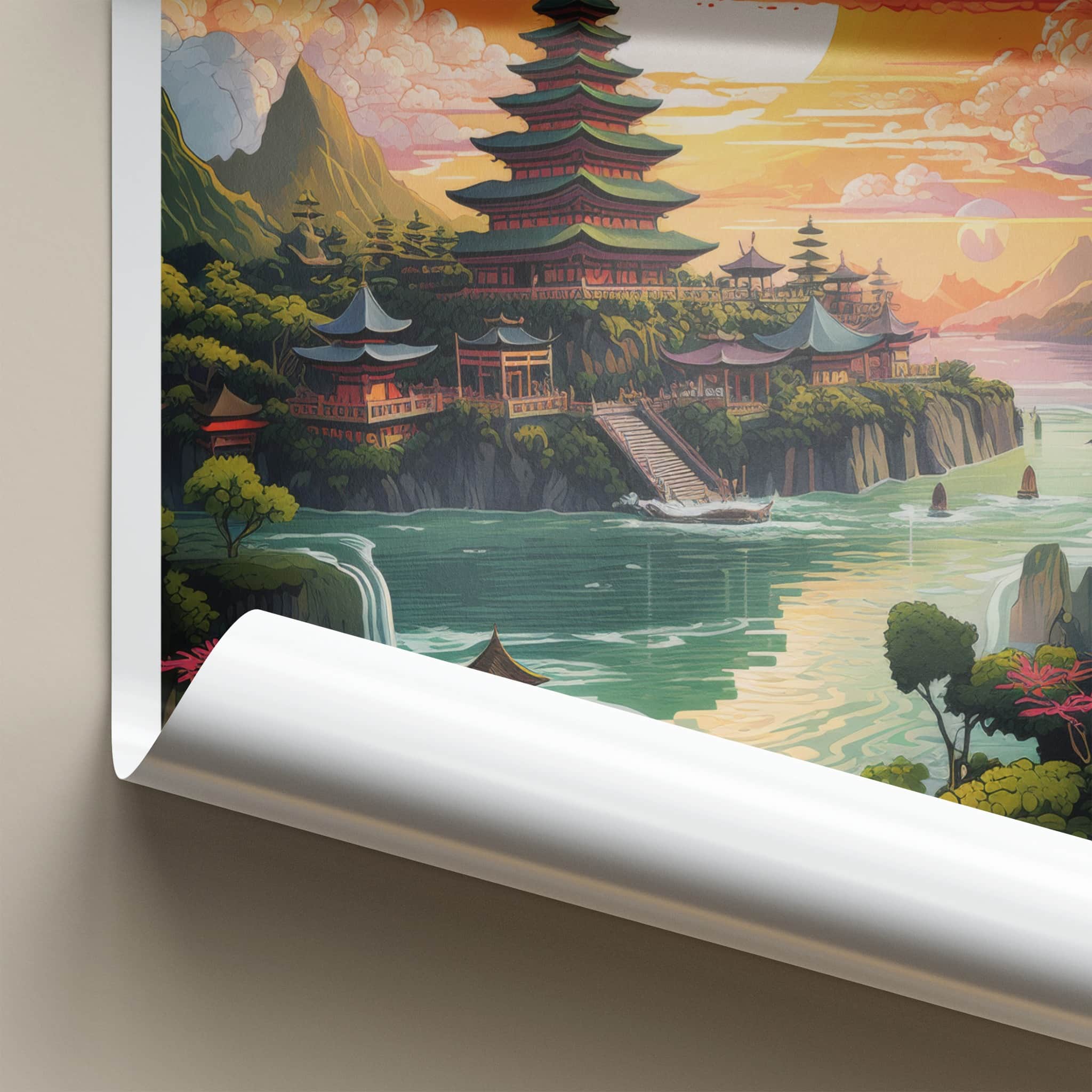 Bali Poster - Indonesia Travel Art - Temple River Sunset Home Decor