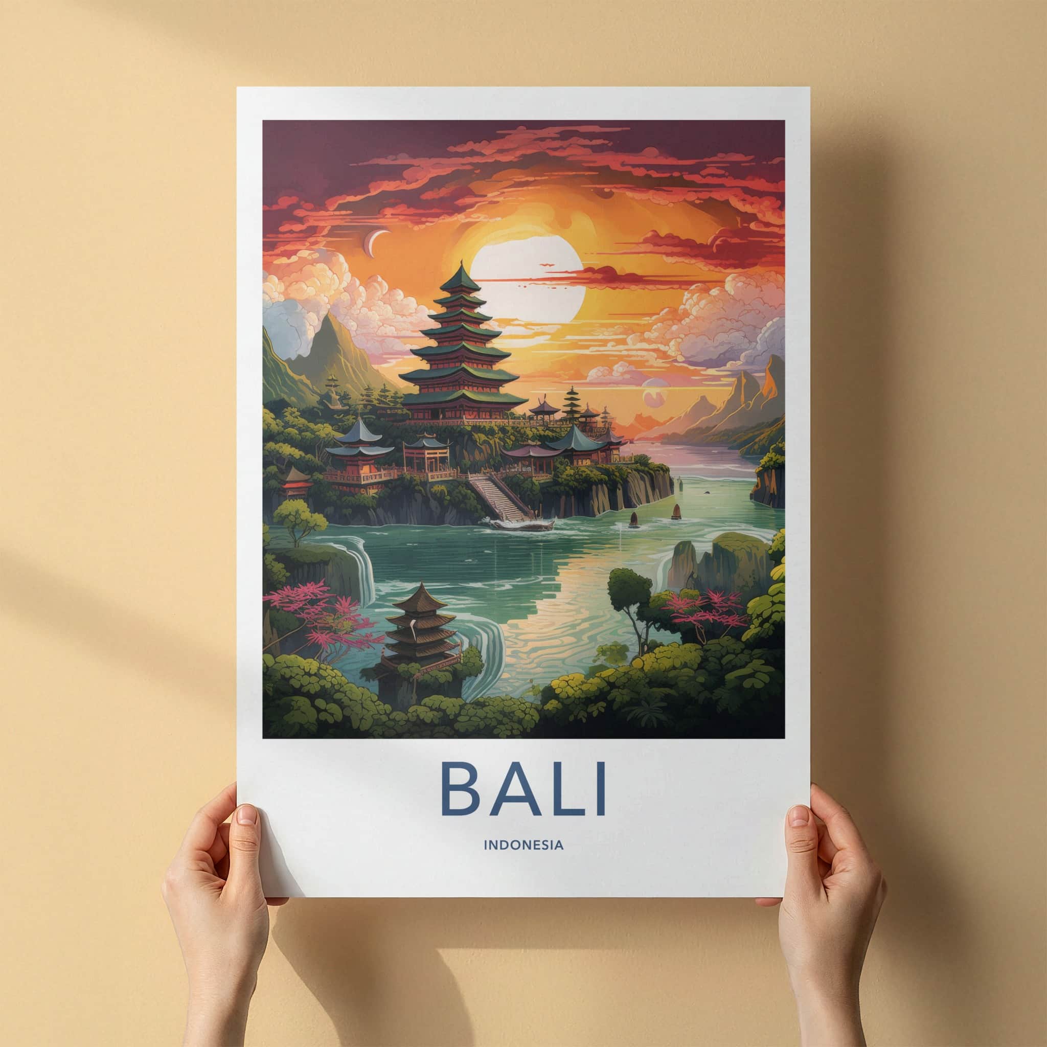 Bali Poster - Indonesia Travel Art - Temple River Sunset Home Decor