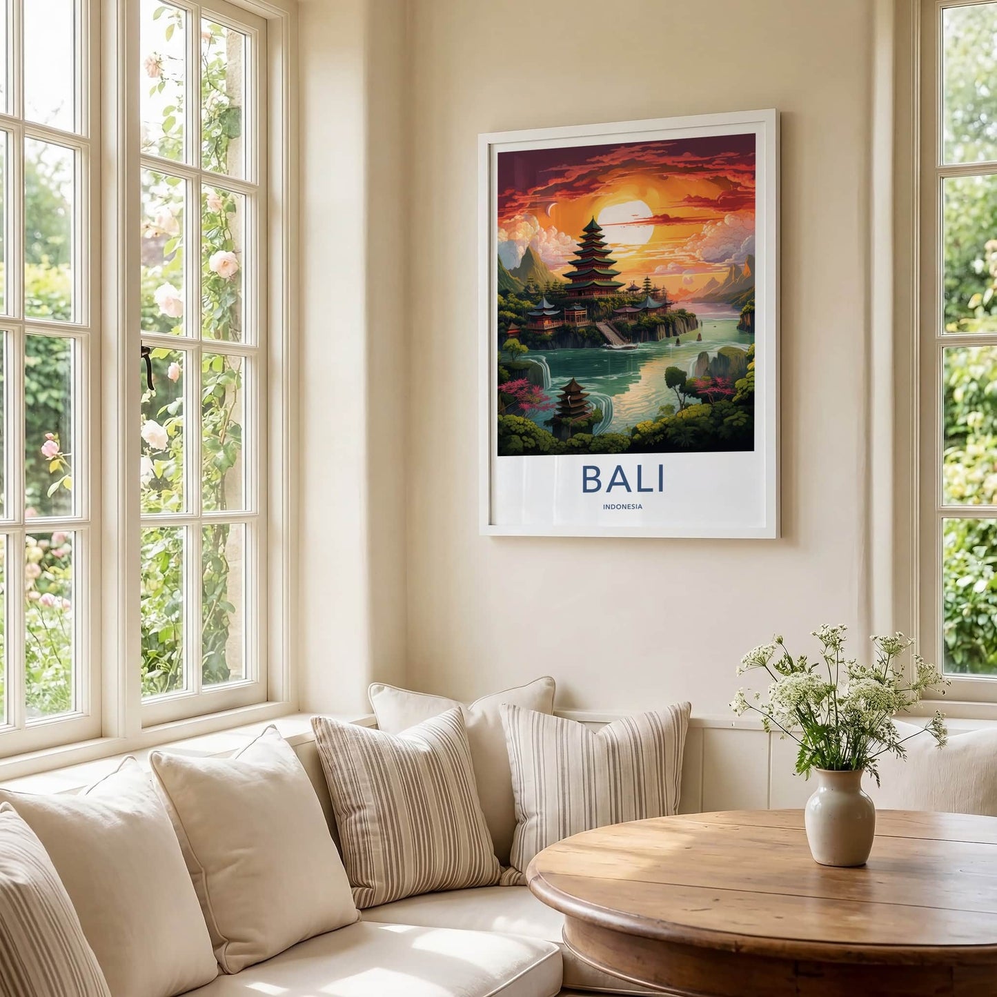 Bali Poster - Indonesia Travel Art - Temple River Sunset Home Decor
