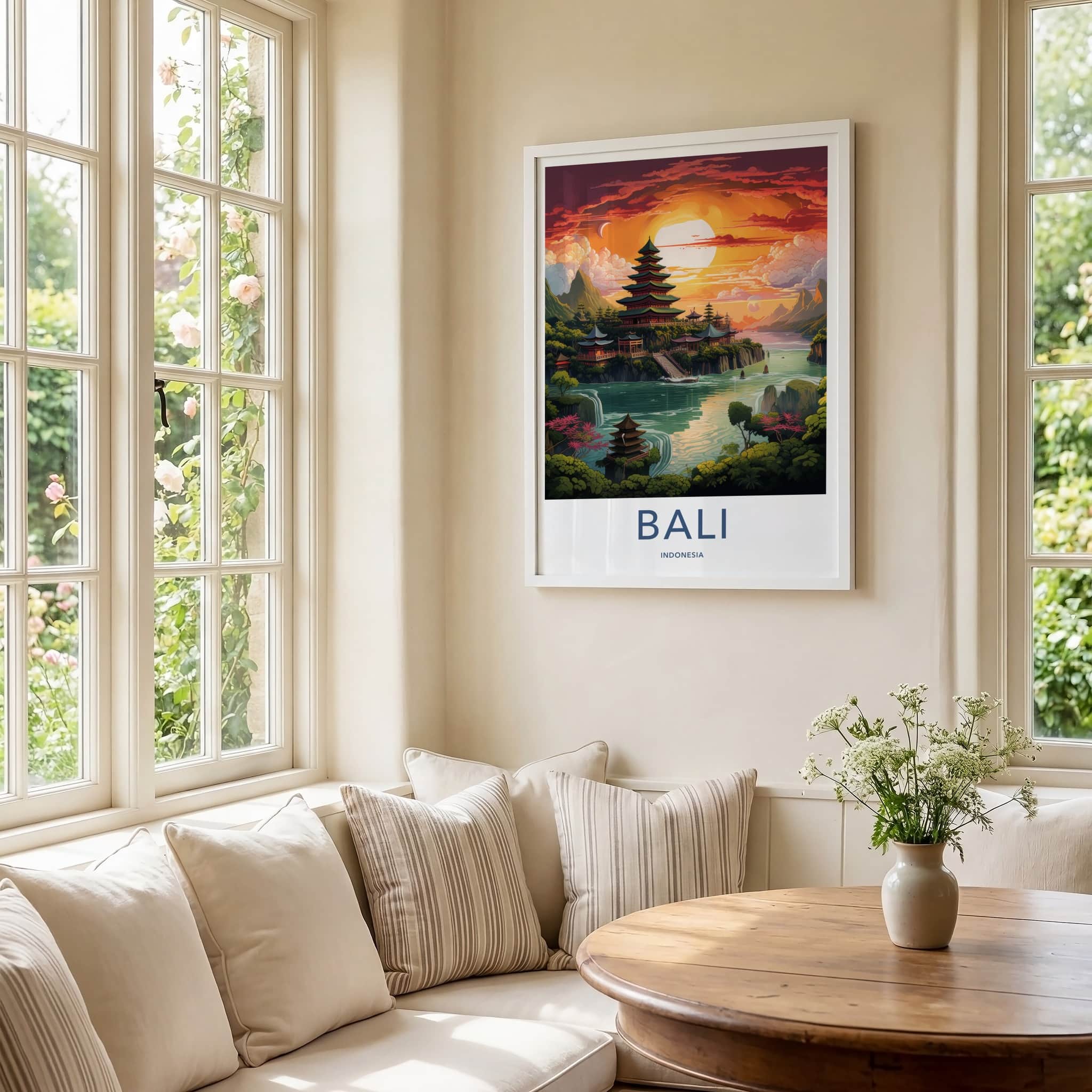 Bali Poster - Indonesia Travel Art - Temple River Sunset Home Decor