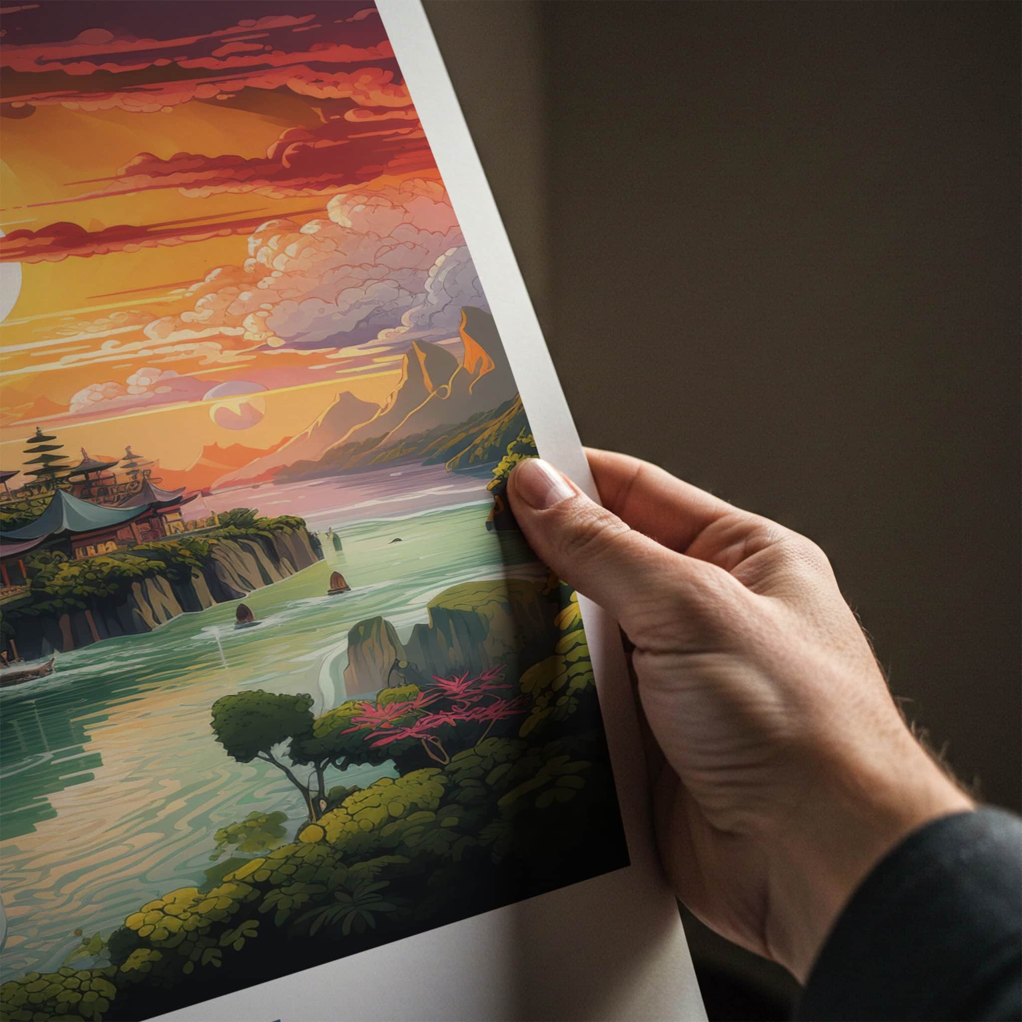 Bali Poster - Indonesia Travel Art - Temple River Sunset Home Decor