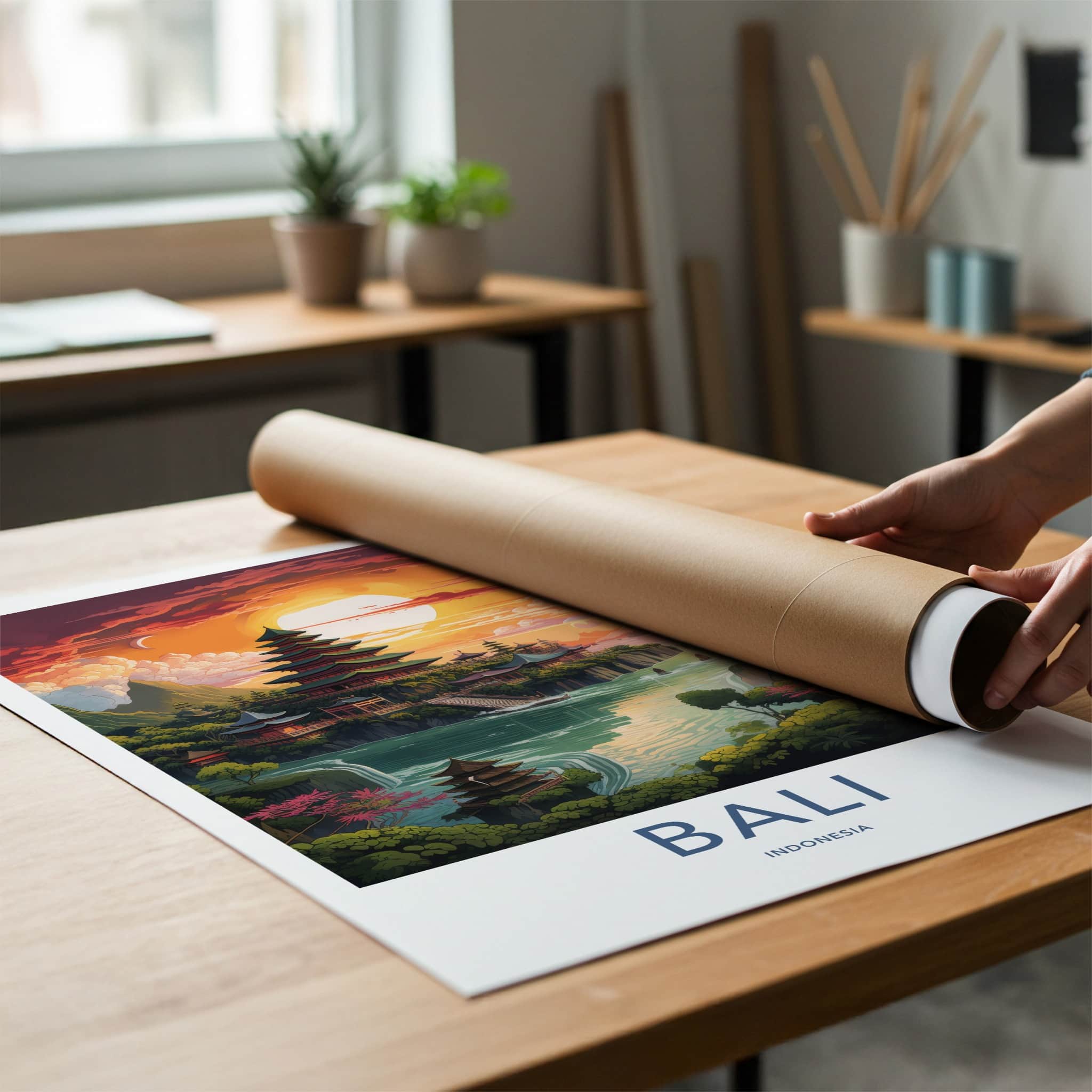 Bali Poster - Indonesia Travel Art - Temple River Sunset Home Decor