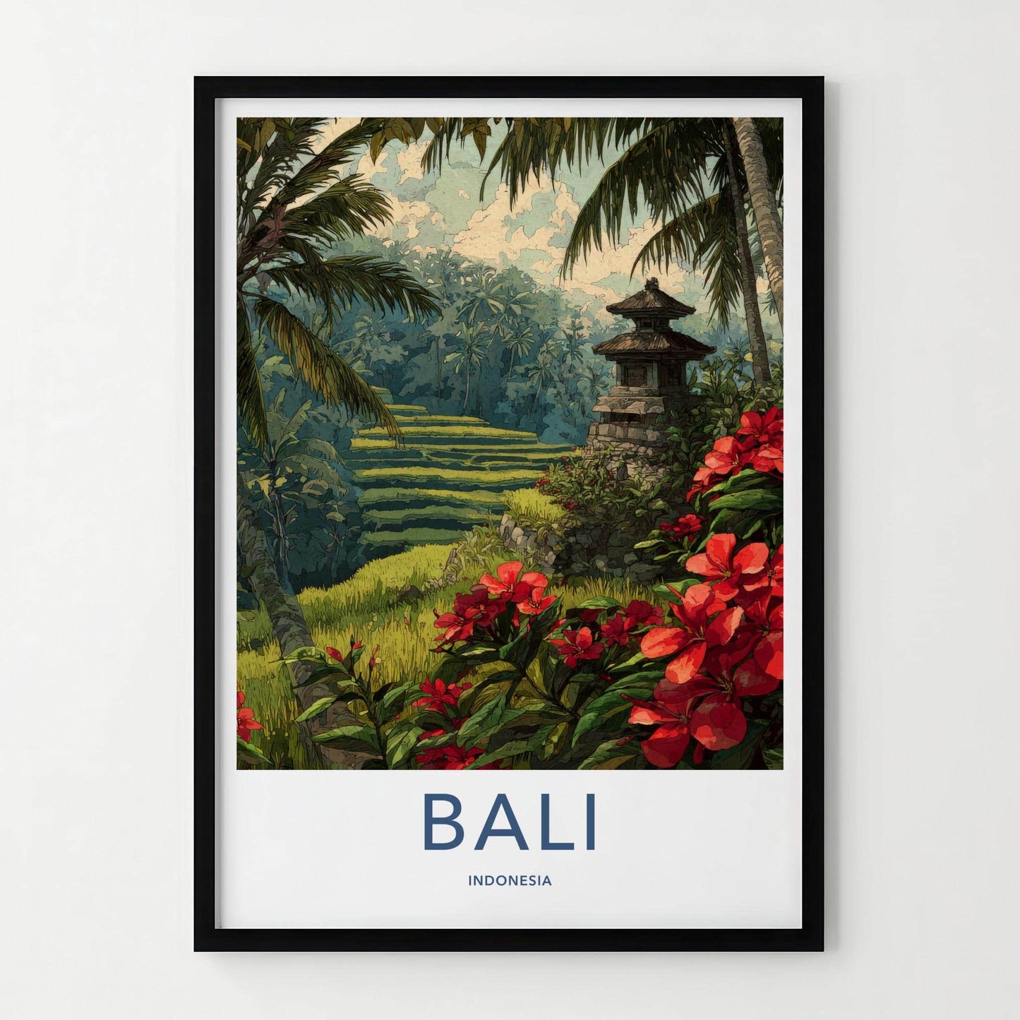 Bali Poster - Indonesia Travel Art - Terrace Temple Bloom Home Decor