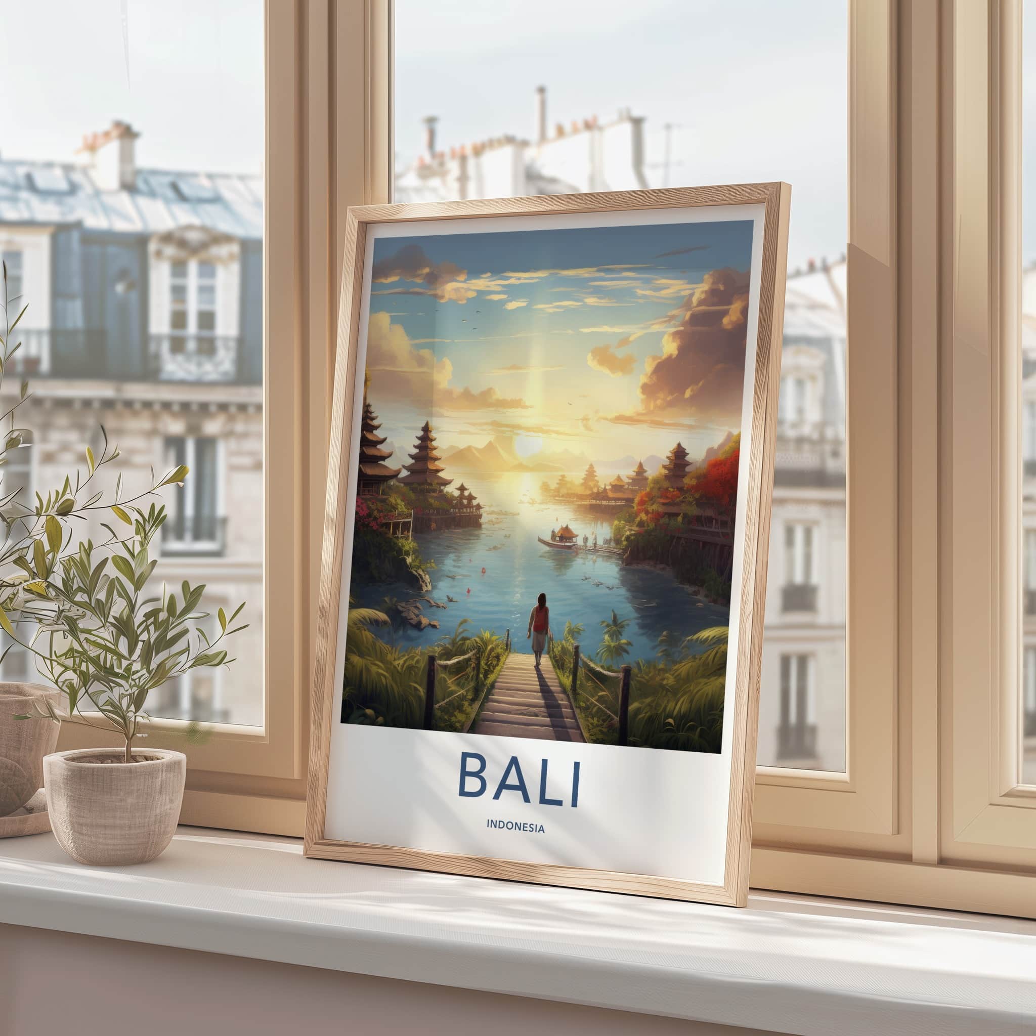 Bali Poster - Indonesia Travel Art - Tropical Temple Sunset Home Decor