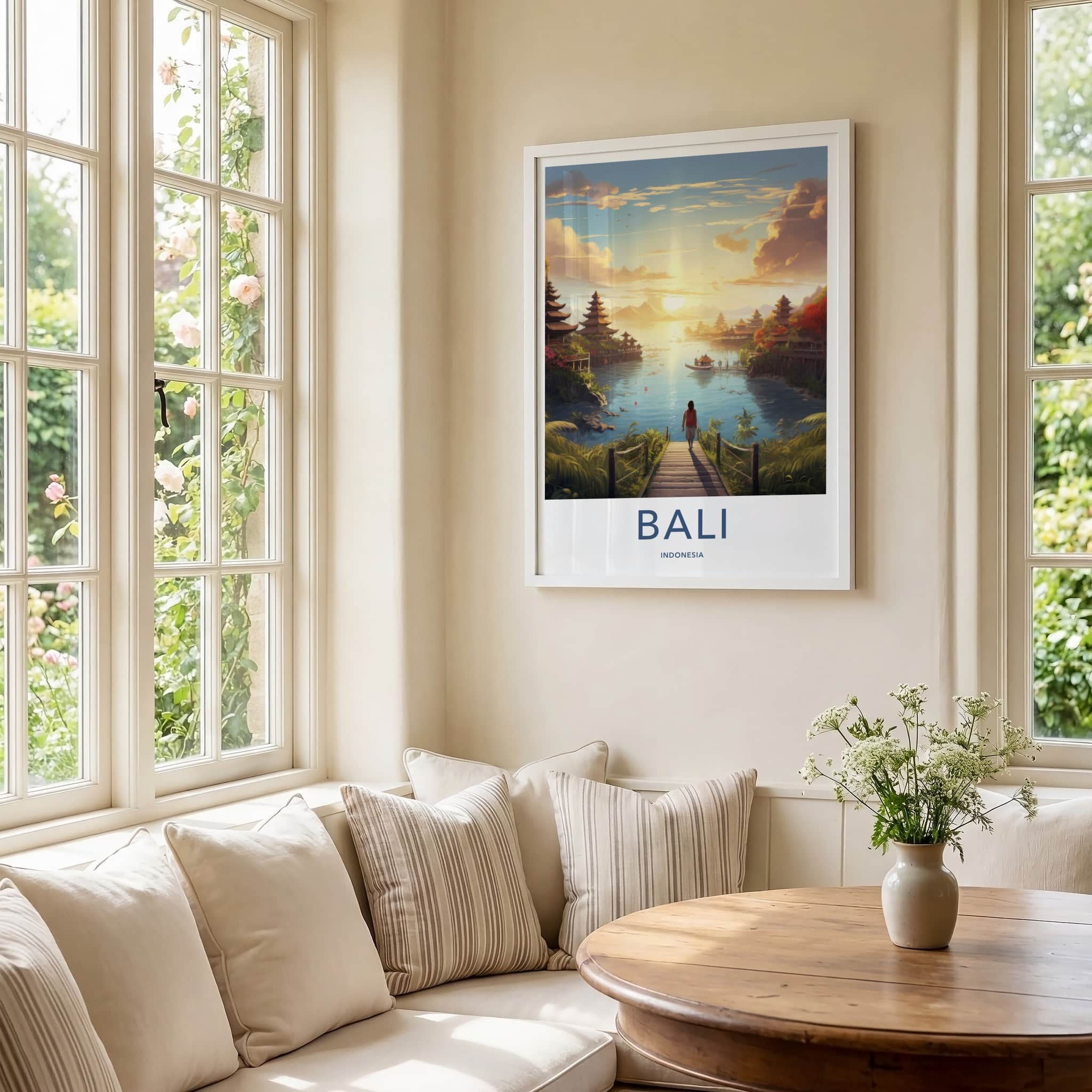 Bali Poster - Indonesia Travel Art - Tropical Temple Sunset Home Decor