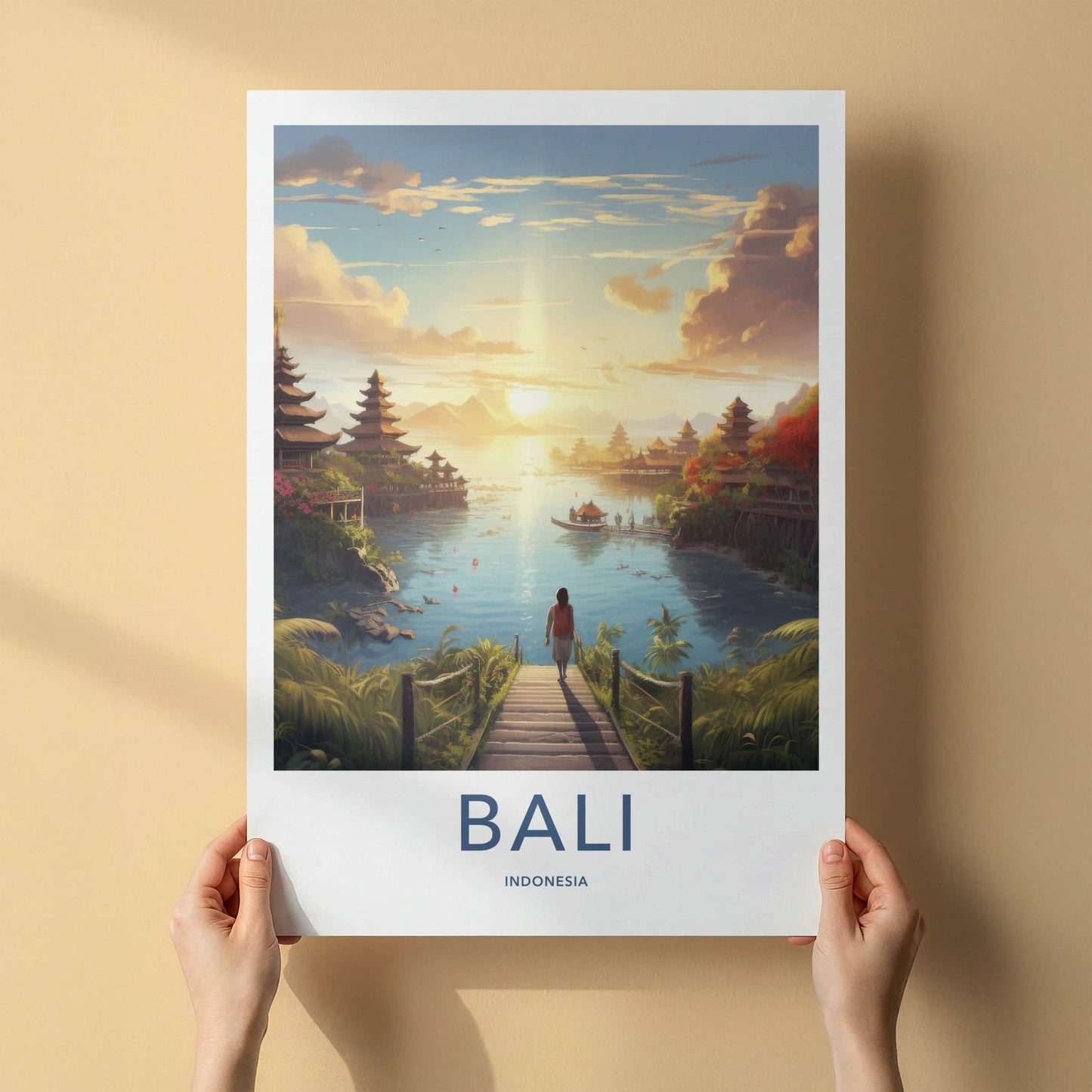 Bali Poster - Indonesia Travel Art - Tropical Temple Sunset Home Decor