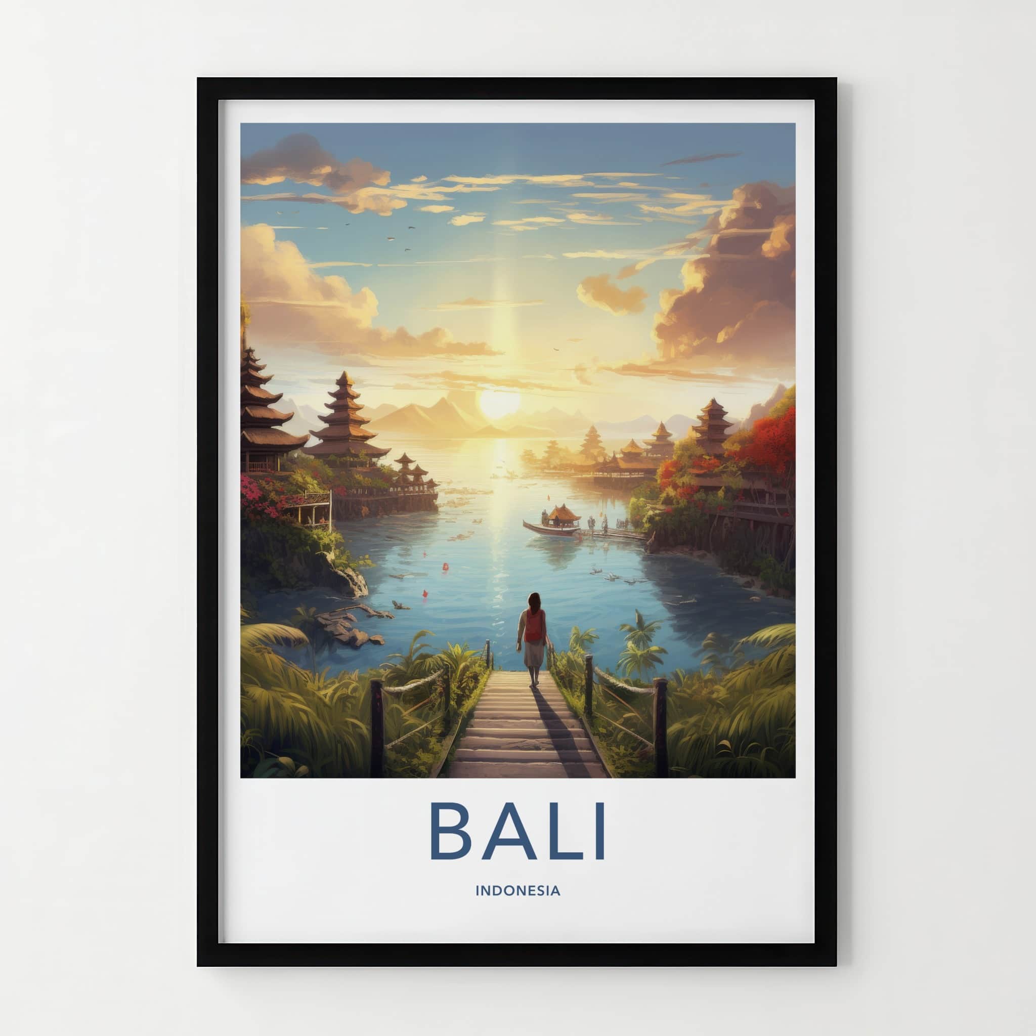 Bali Poster - Indonesia Travel Art - Tropical Temple Sunset Home Decor