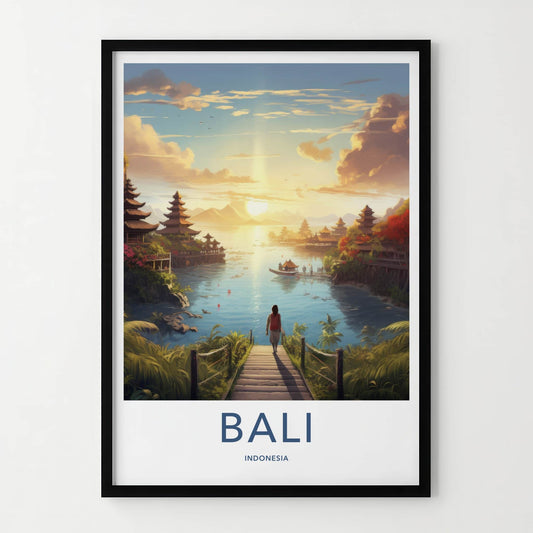 Bali Poster - Indonesia Travel Art - Tropical Temple Sunset Home Decor