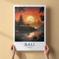 Bali Poster - Indonesia Travel Art - Tropical Temple Sunset Home Decor