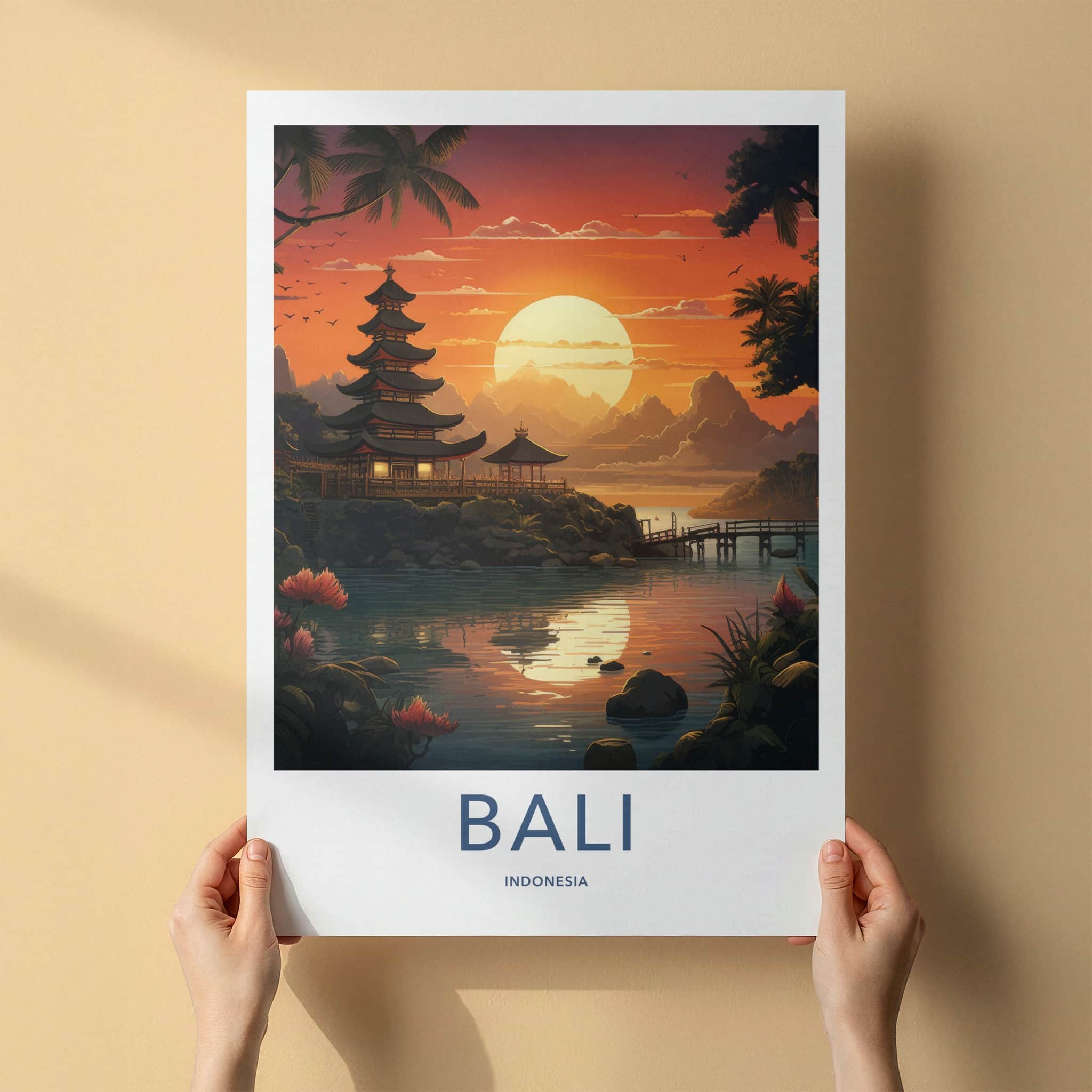 Bali Poster - Indonesia Travel Art - Tropical Temple Sunset Home Decor