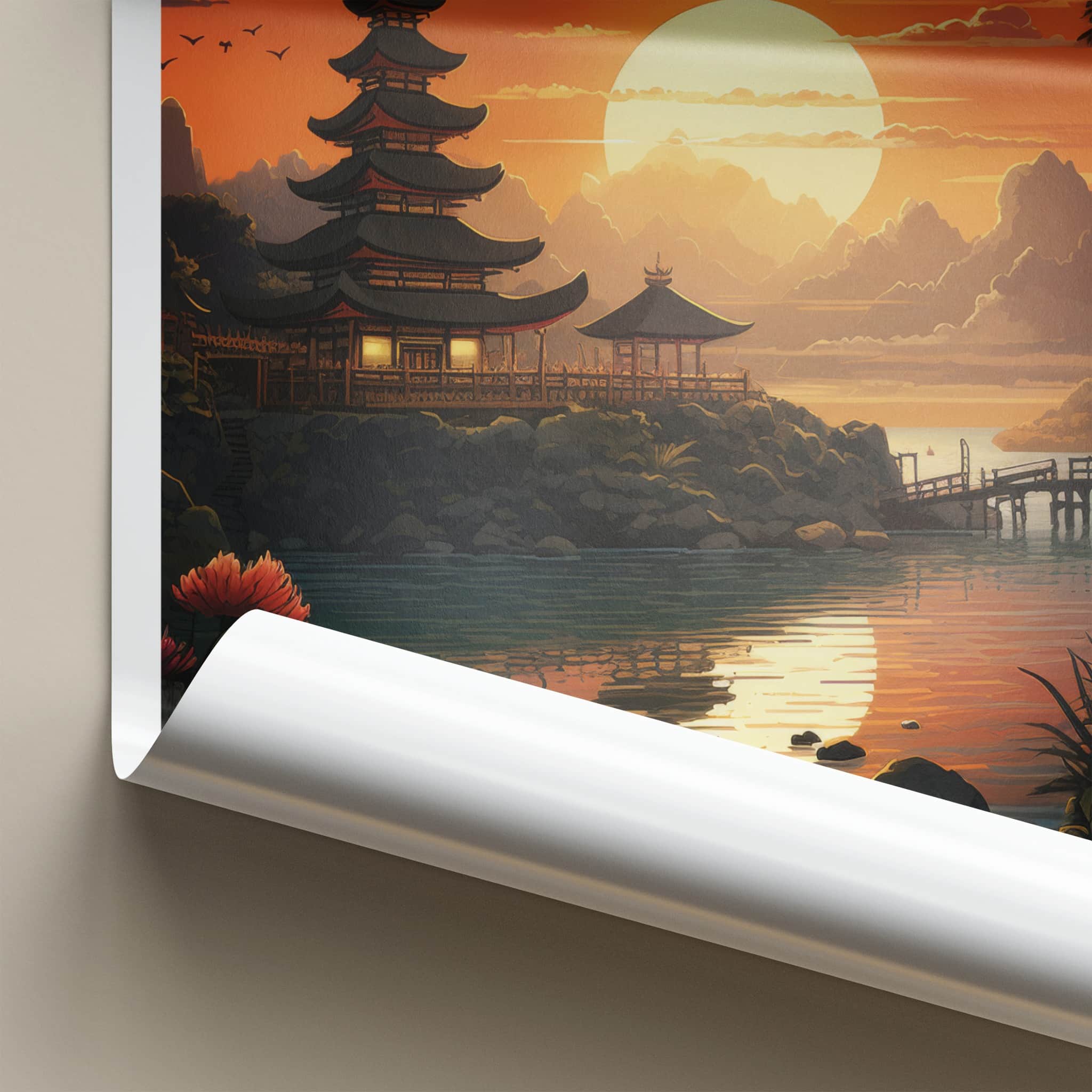 Bali Poster - Indonesia Travel Art - Tropical Temple Sunset Home Decor