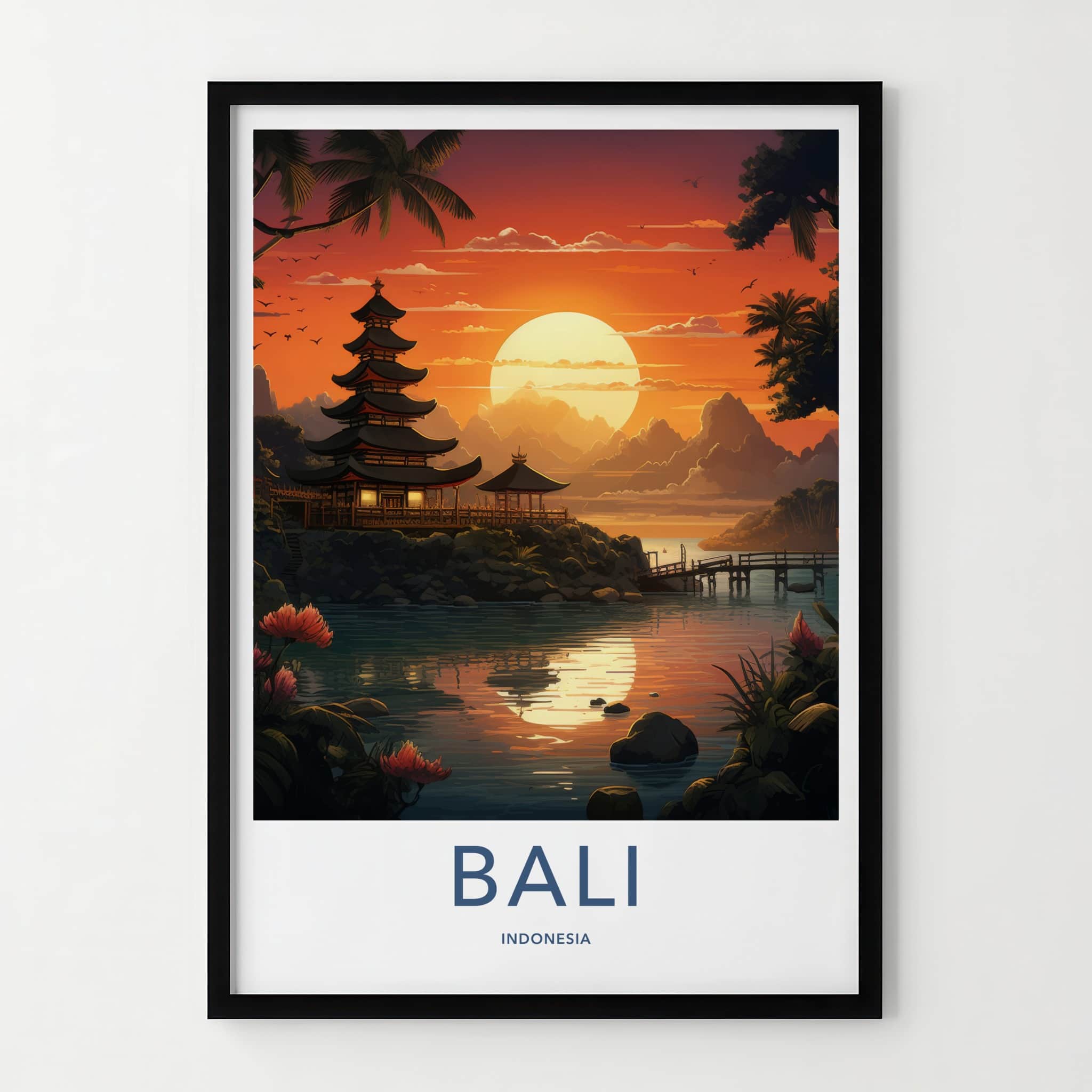 Bali Poster - Indonesia Travel Art - Tropical Temple Sunset Home Decor