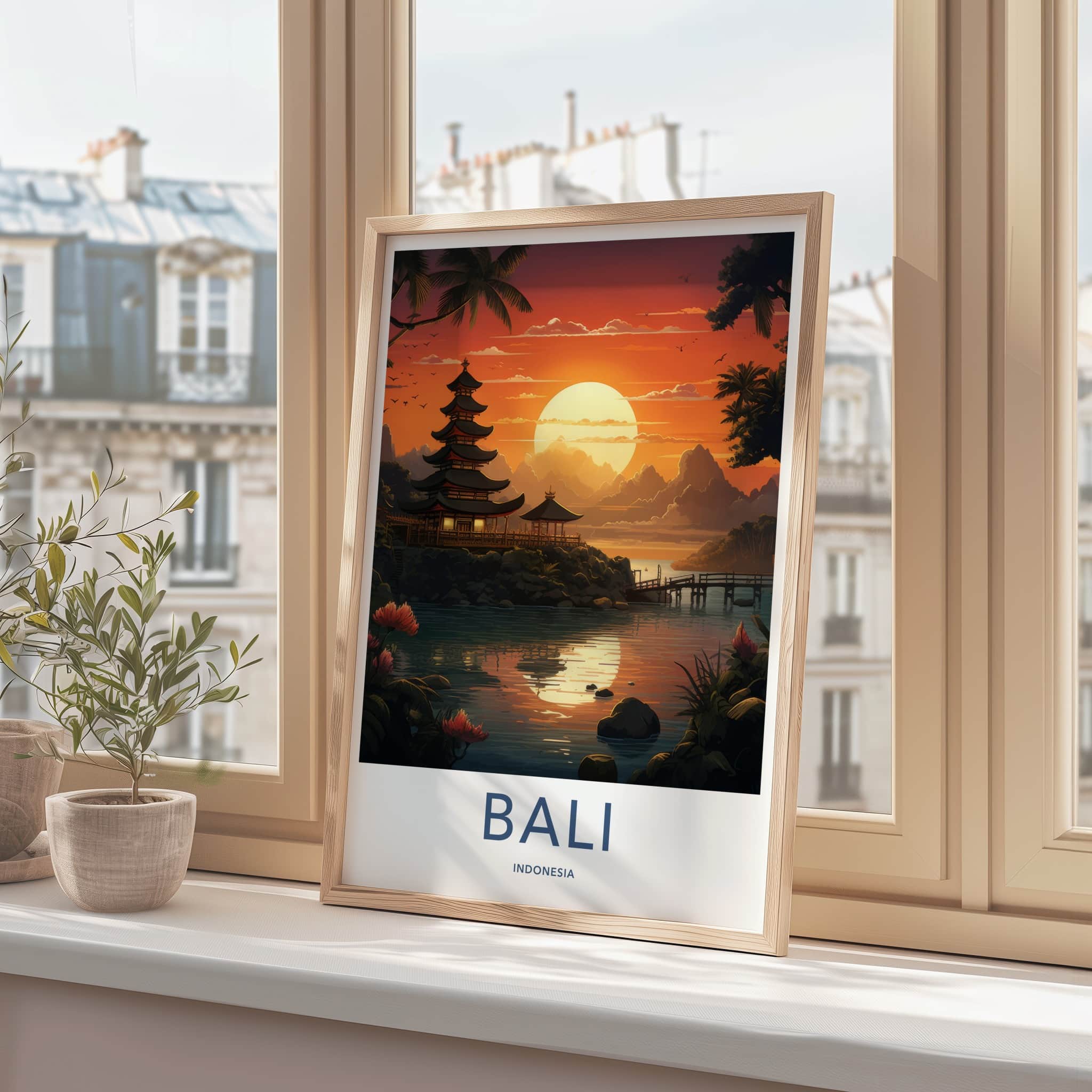 Bali Poster - Indonesia Travel Art - Tropical Temple Sunset Home Decor